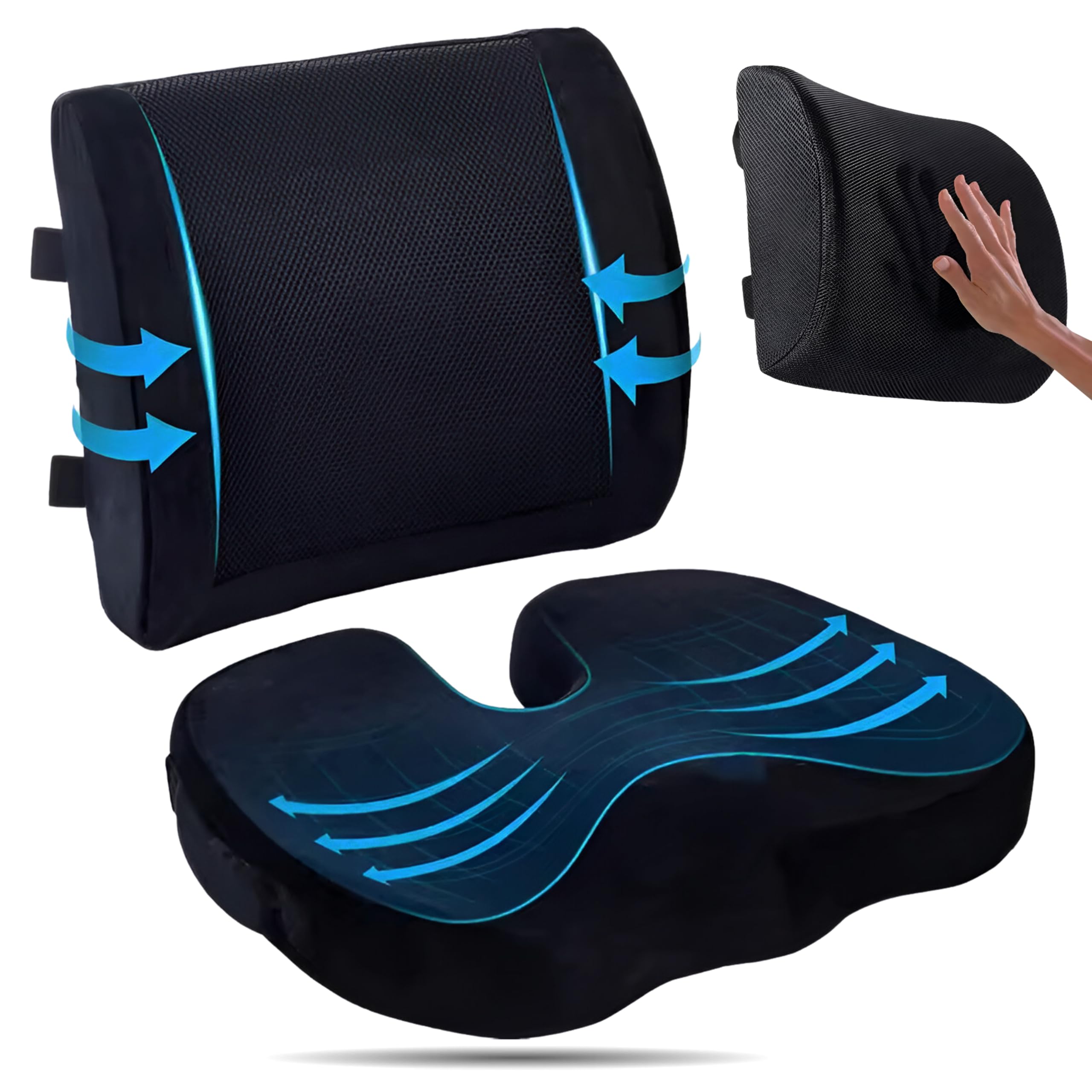 KIMSER Cojín Silla Oficina, Cojín Antiescaras, Cojín de Coxis para Oficina y Coche, Cojín Viscoelástico con Respaldo, Cojín Ortopédico, Ergonómico