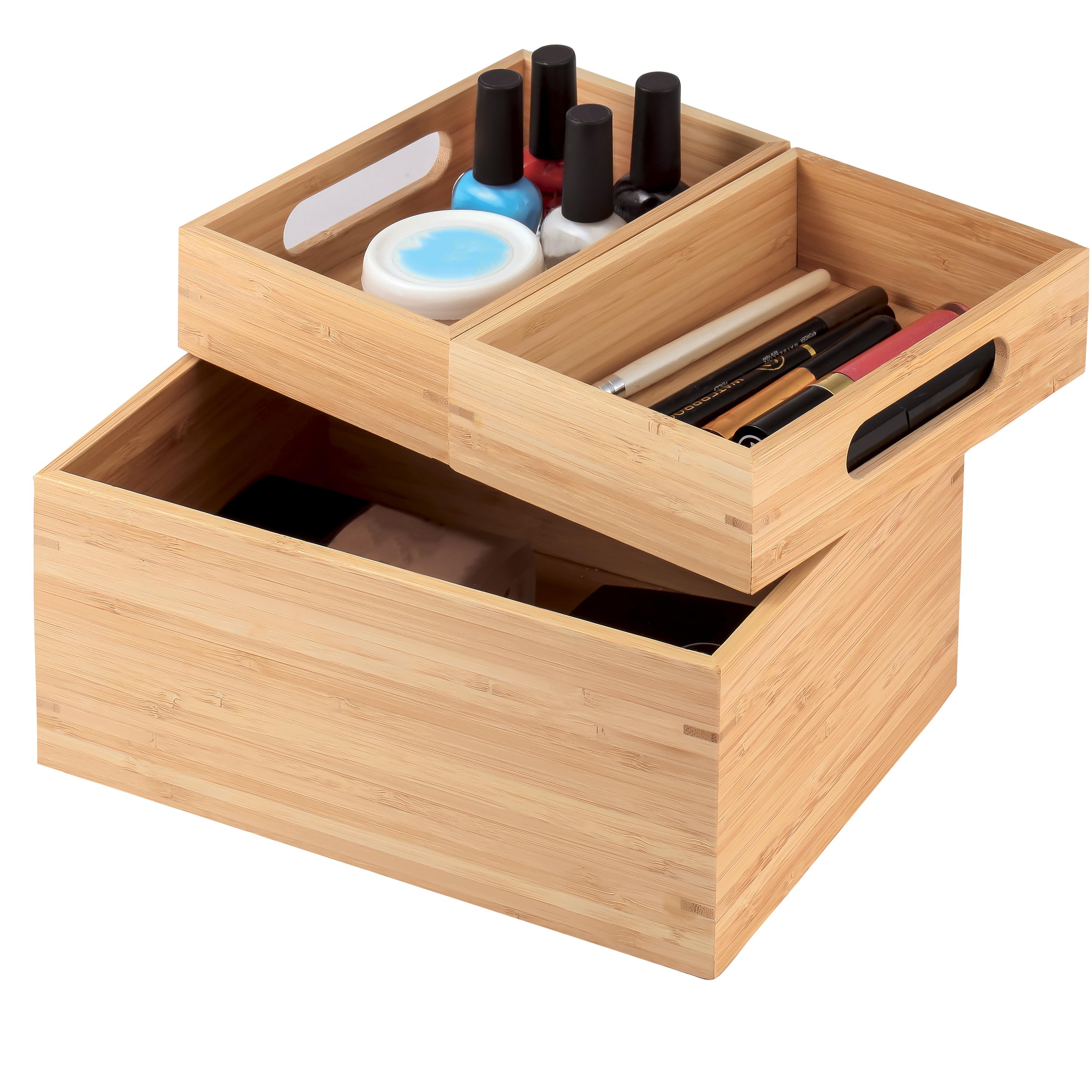 MSV - Vielseitige Aufbewahrungsbox mit 3 Stapelbaren Fächern ISALYS - Aufbewahrung aus Natürlichem Bambus für Kosmetik, Schmuck, Bürobedarf oder Zubehör - Beige