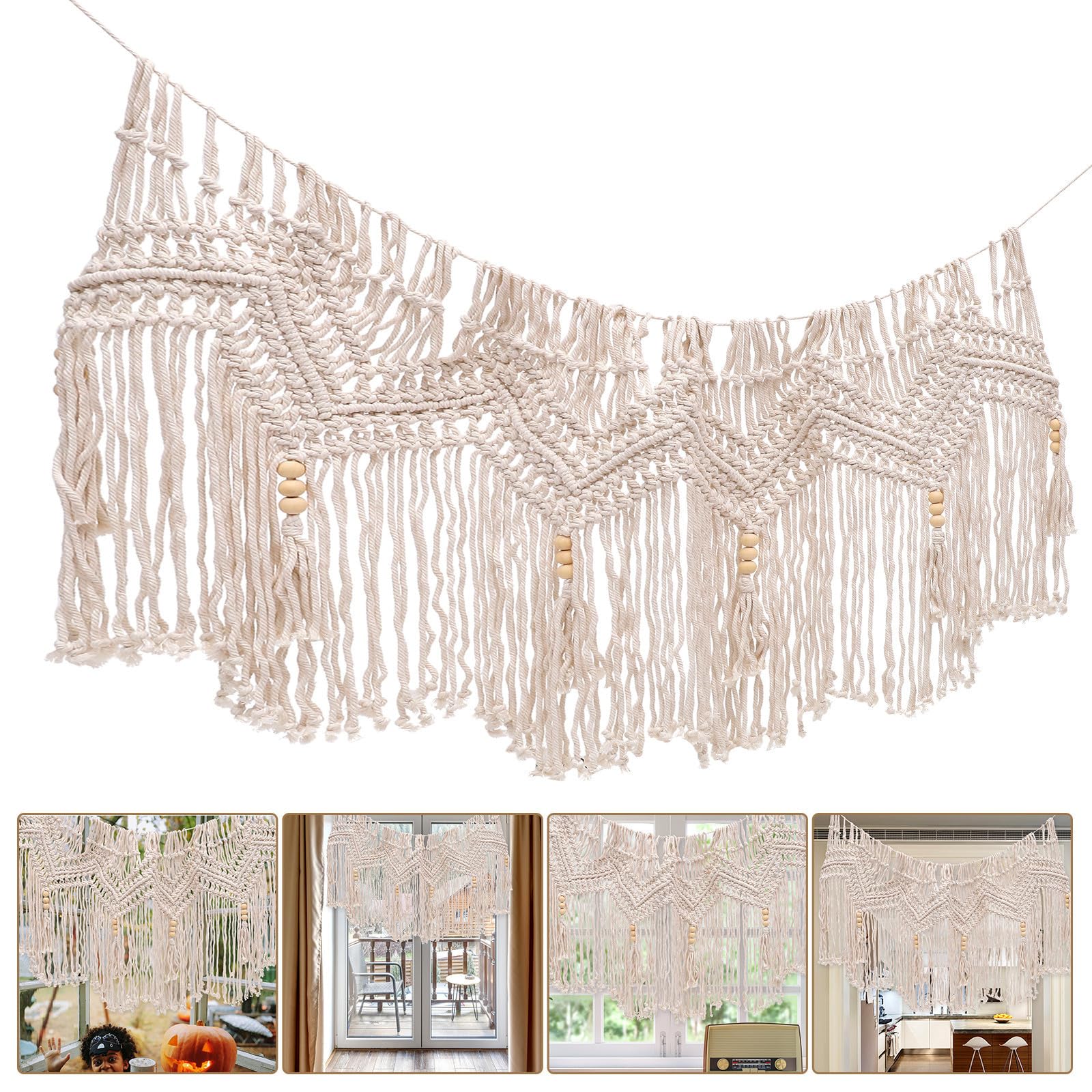 ibasenice Cantonnière Rideau Macramé en Coton Beige Tissée la Main Décorations à Pompons, Style Bohème Naturel pour Fenêtre, Effet Décoratif Élégant et Rustique