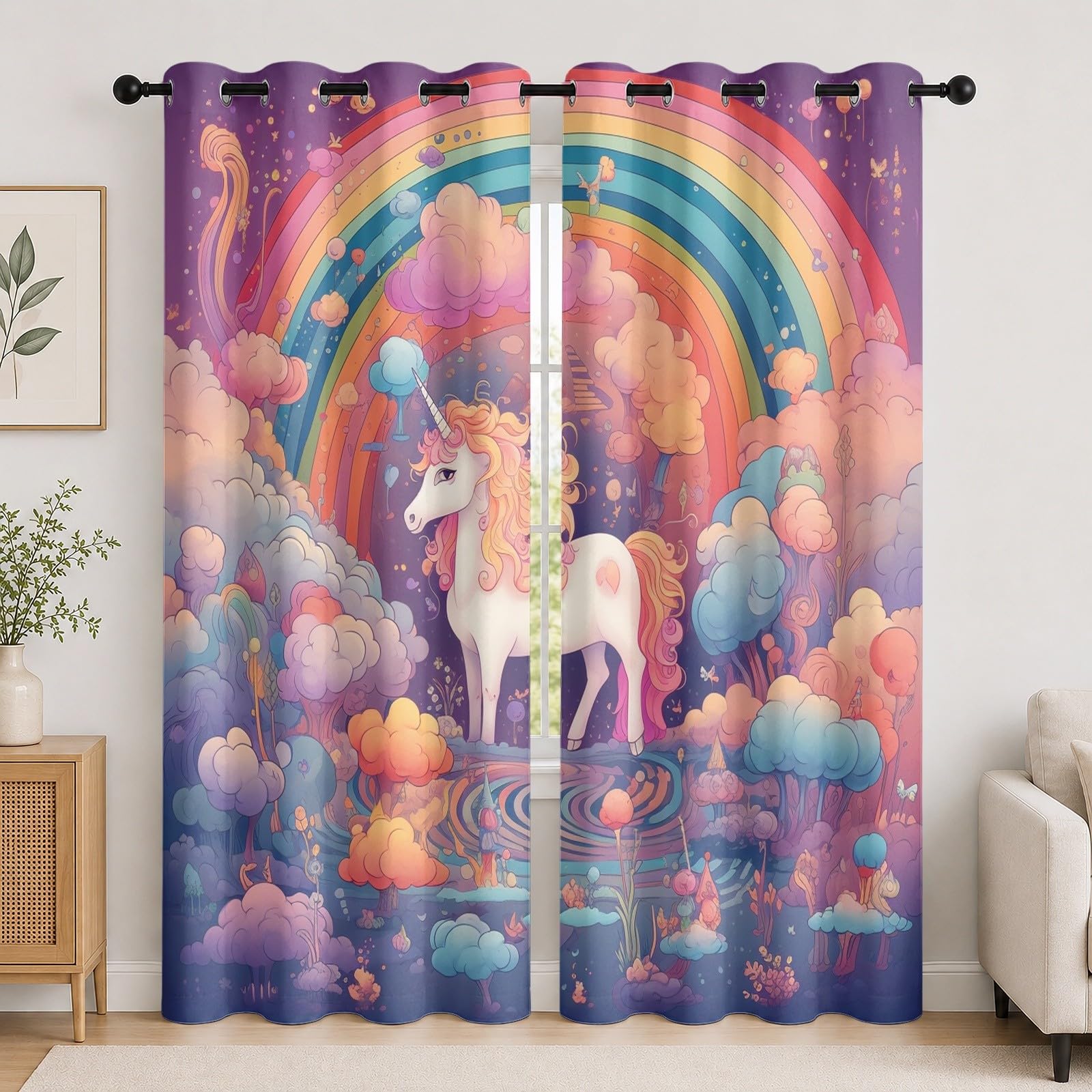 Schlafzimmer Wärmeisolierend Verdunklungsvorhänge Gardinen 2er Set H245 x B140 cm Zeichentrickfigur Einhorn Regenbogen Wolke Vorhänge Blickdicht mit Ösen bunt für Wohnzimmer Wohndeko Vorhang