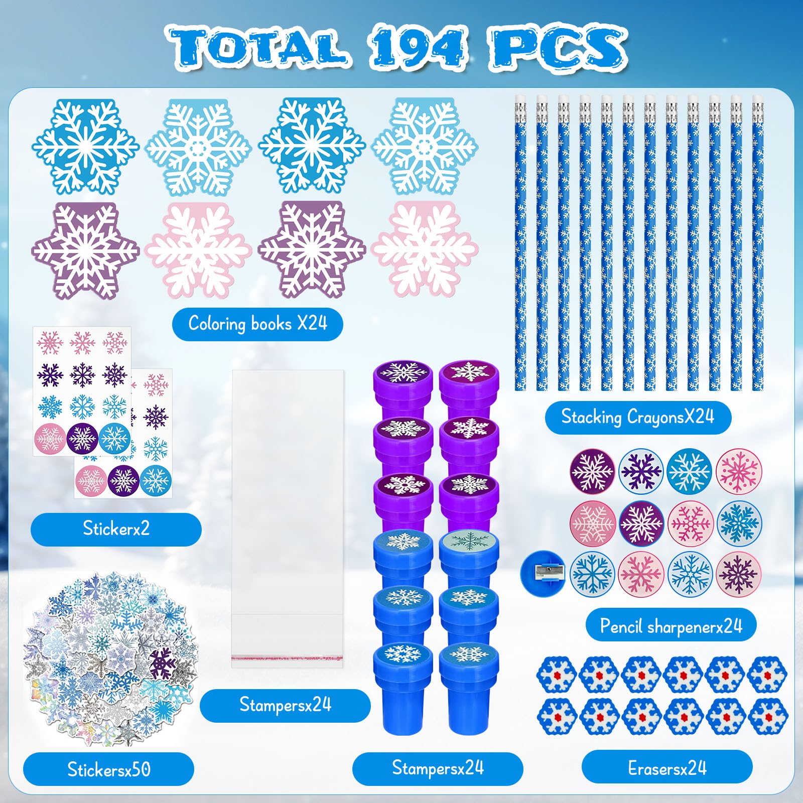 Cinrobiye Juego de 194 piezas de copos de nieve de invierno congelados, recuerdos de fiesta de Navidad, aulas, intercambio, escuela, premios, blocs de notas, lápices, sacapuntas, gomas de borrar