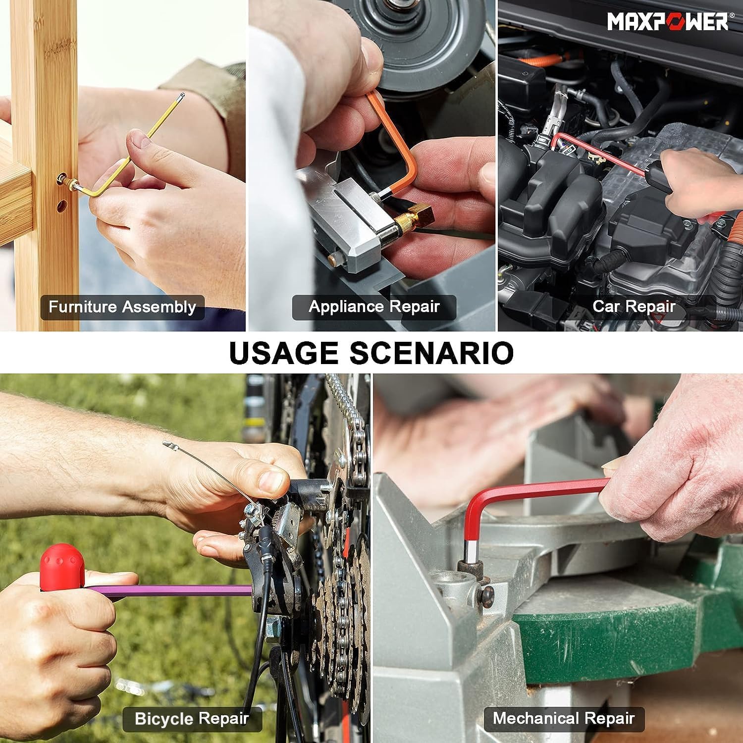 MAXPOWER Set di 18 chiavi a brugola esagonali, SAE e metriche, braccio extra lungo, con impugnatura a T