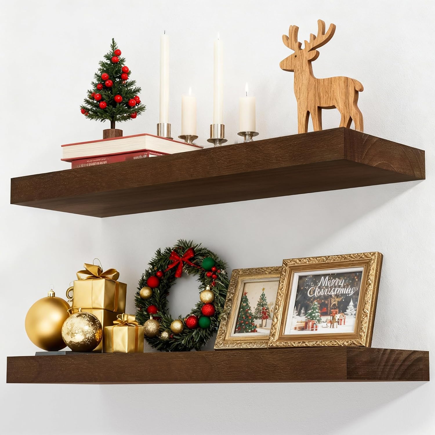 Axeman Floating Shelves, 2 Pack 8 Inch Deep Rustic Solid Wood Wall Shelves for Storage, Wall Mounted Display Shelving with Invisible Heavy-Duty Metal Bracket, 24" W x 8" D x 1.57" H, Walnut Finish Special Walnut 24" W, 2-Pack