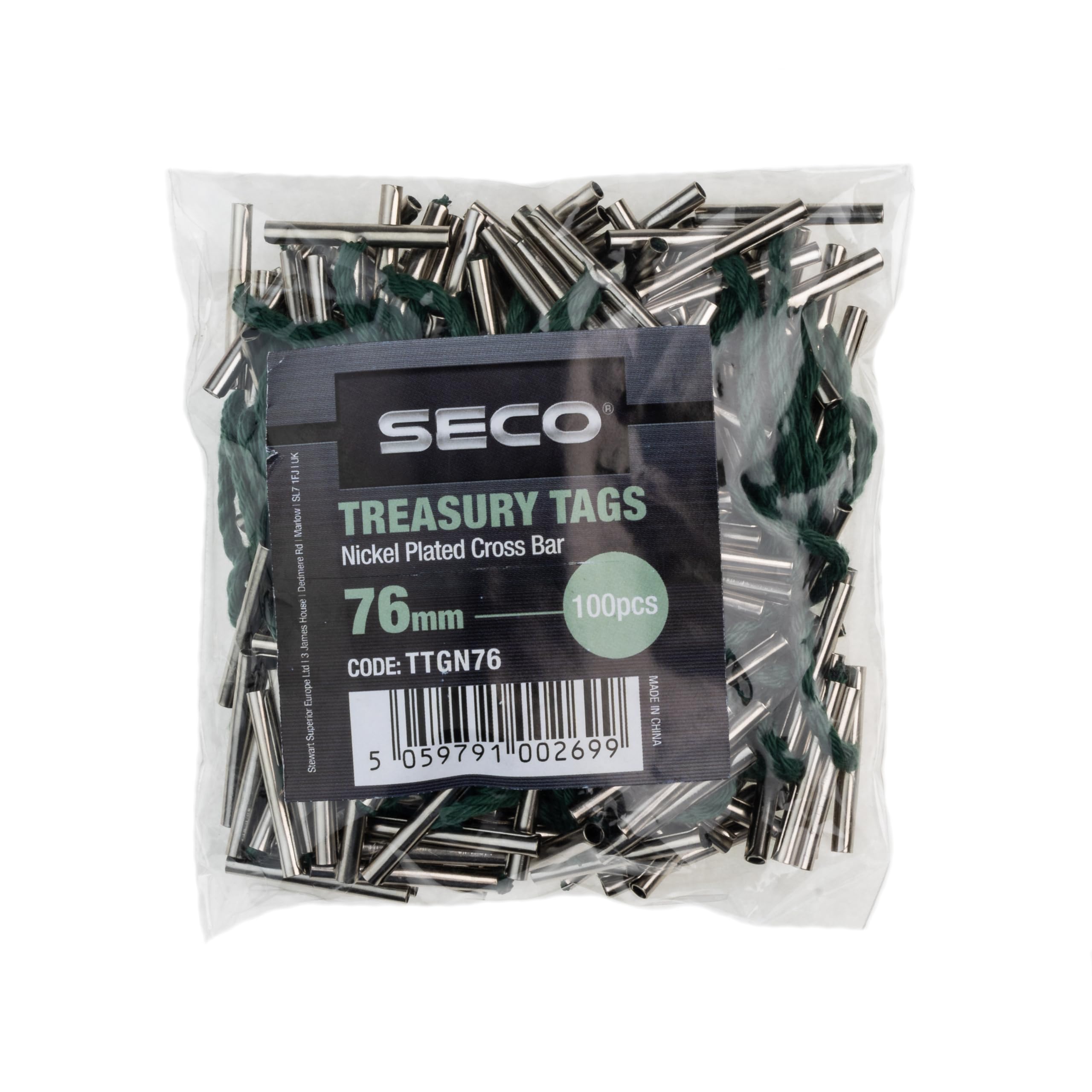 Seco Premium Nickel Plated Cross Bar Treasury Tags, 76mm, Pack of 100 - Green