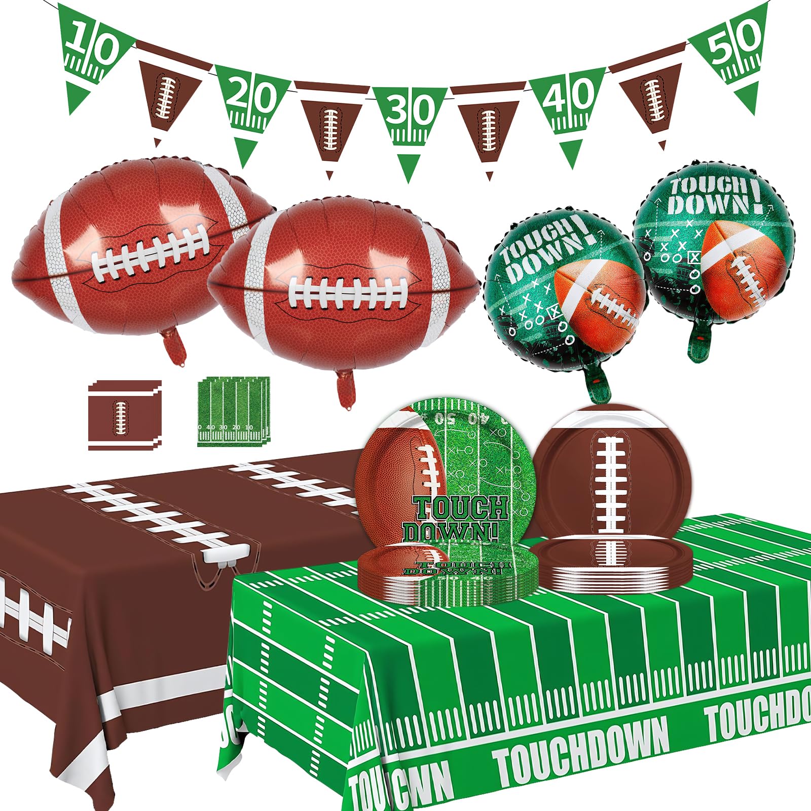 Football Themed Party Supplies Kit – Includes Dinner Plates,Napkins, Banner, Touchdown Tablecloth, and 4 Foil Balloons for Football Birthday Party and