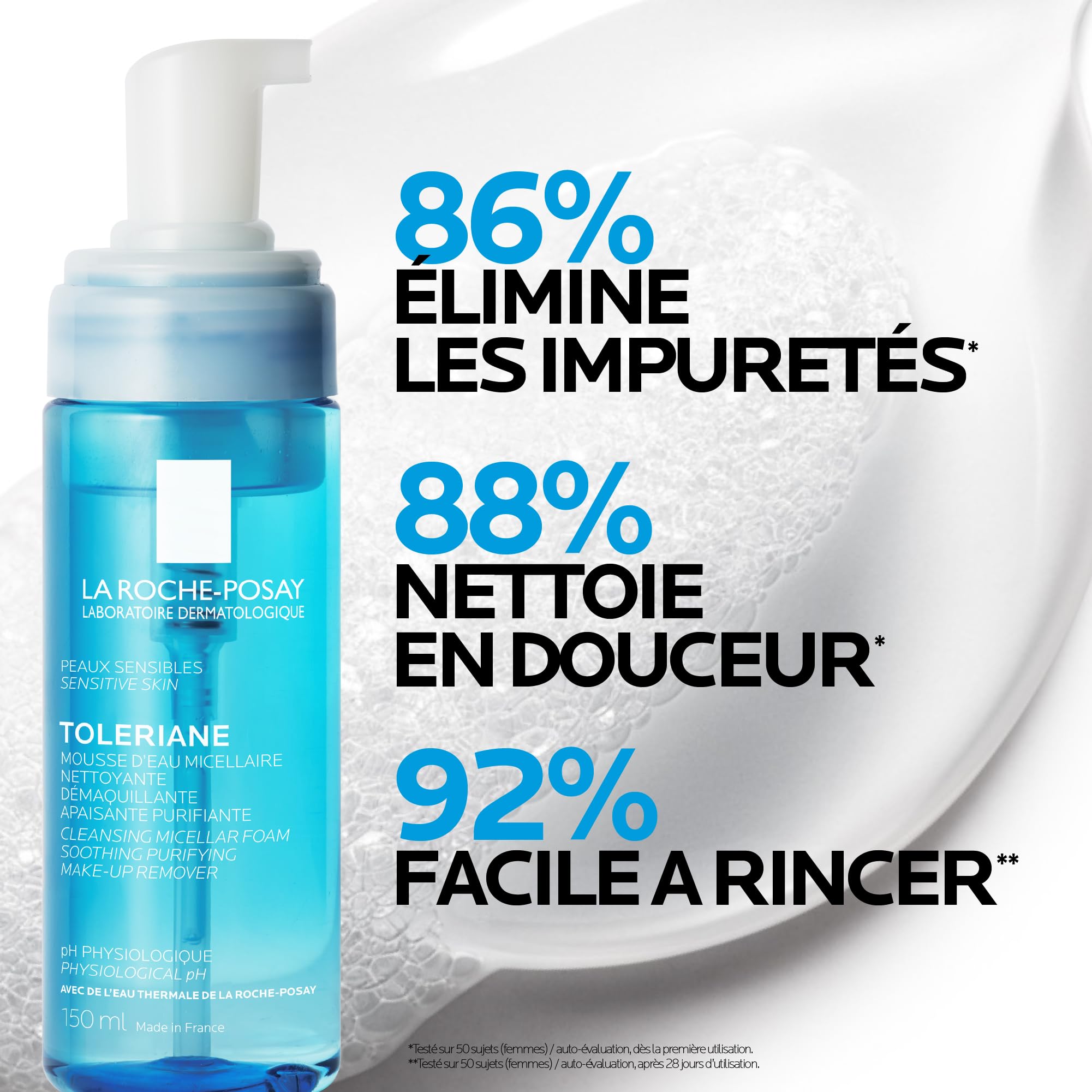 La Roche-Posay, Toleriane Mousse d'Eau Micellaire Nettoyante et Démaquillante, Élimination des Impuretés en Douceur, Enrichie en Glycérine, Idéale pour les Peaux Sensibles, 150 ml