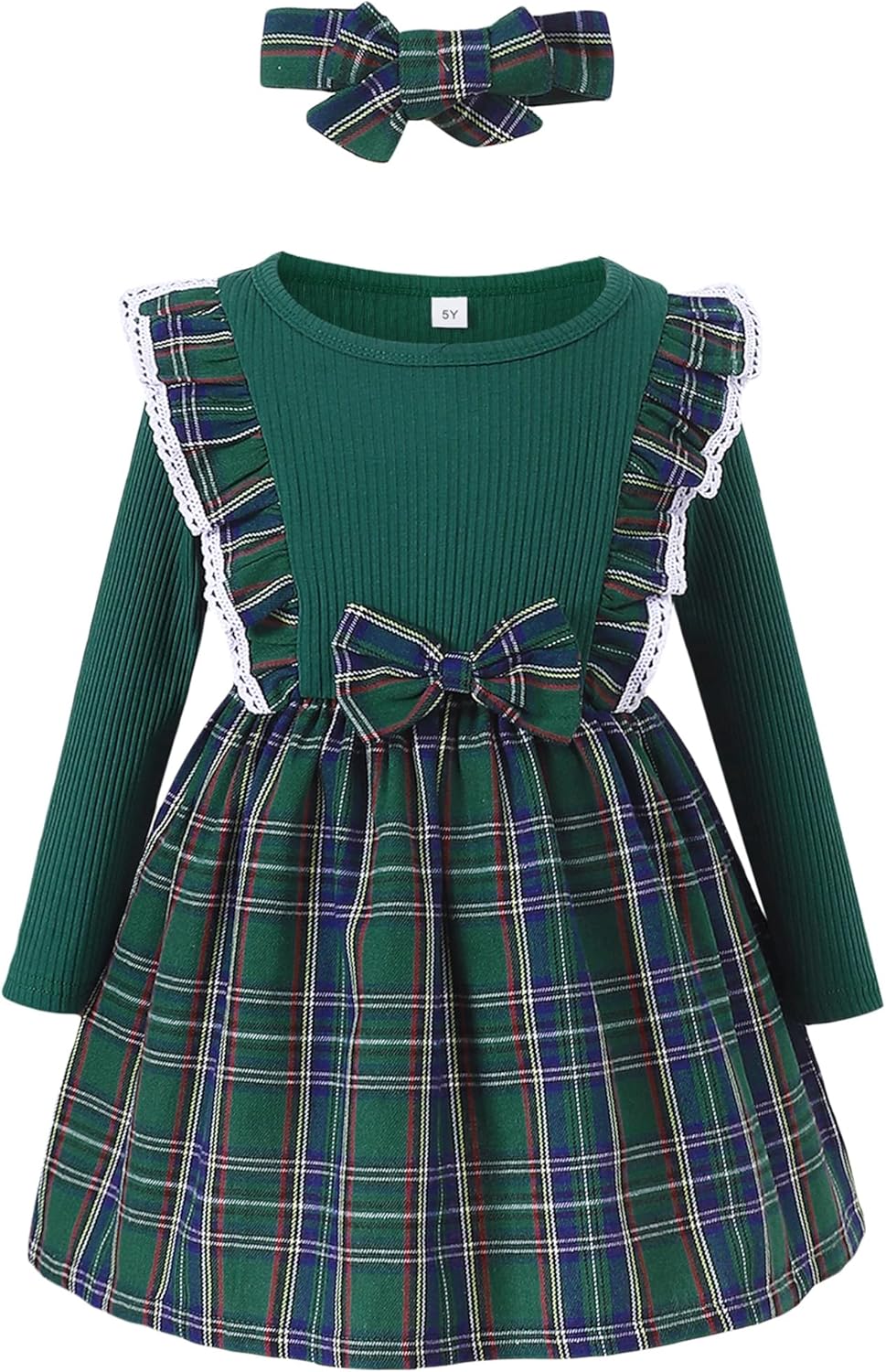 HIGHUZZA Toddler Girls Dress with Headwear: Cotton Long Sleeve Ruffle Plaid Dresses for Winter Christmas Party Gift 2-8T