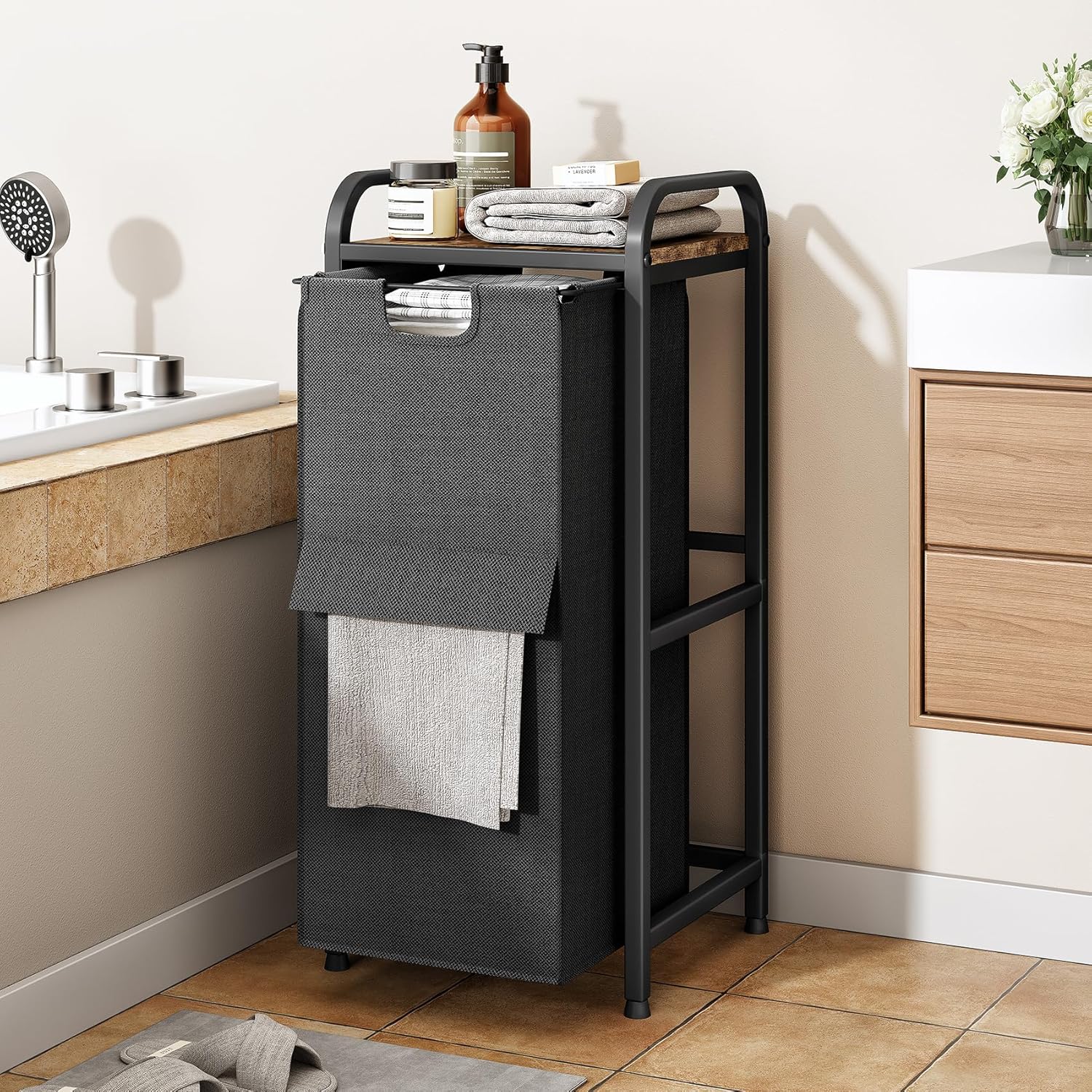 Kitstorack Laundry Hamper, Laundry Basket, Laundry Sorter with a Pull-Out and Removable Bag, Shelf, Metal Frame, 17 Gallons (62 L), Ink Black and Rustic Brown