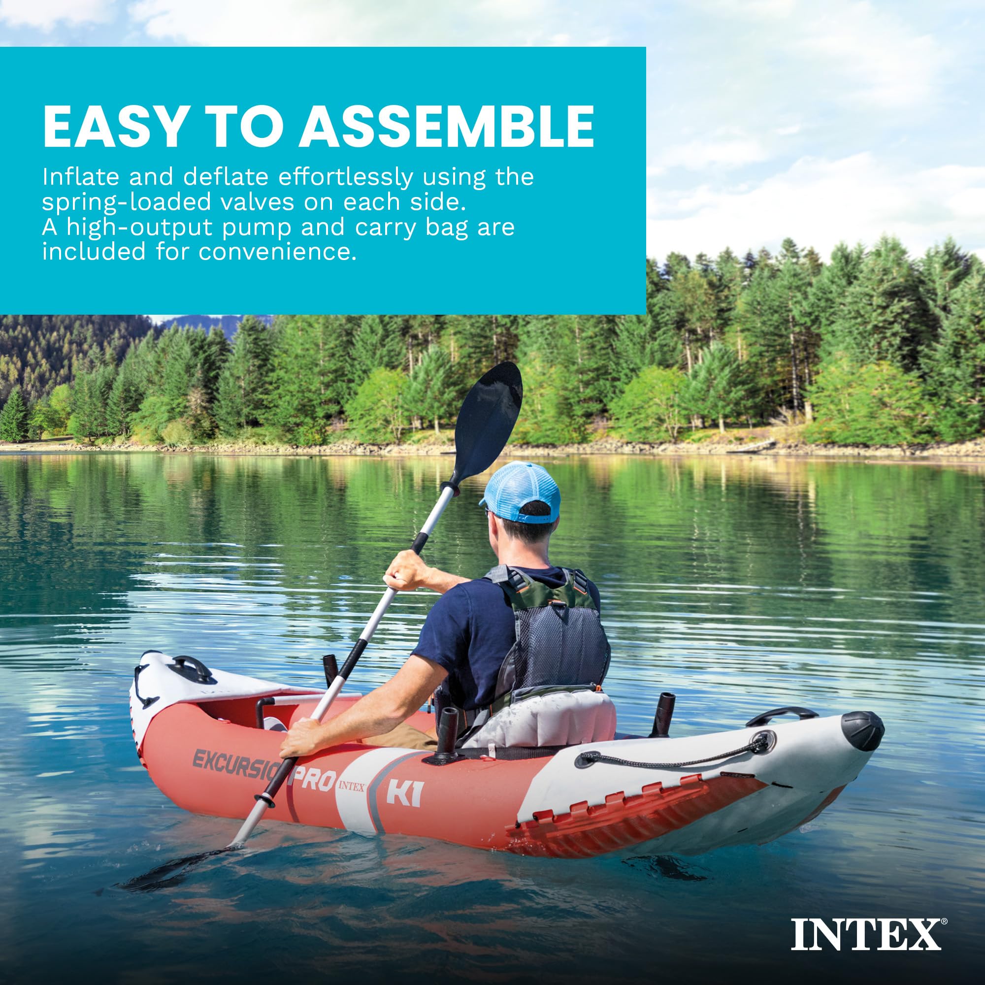 INTEX 68303EP Excursion Pro K1 Inflatable Kayak Set: Includes Deluxe 86in Aluminum Oars and High-Output Pump – SuperTough PVC – Adjustable Bucket Seat – 1-Person – 220lb Weight Capacity — Amazon image 6