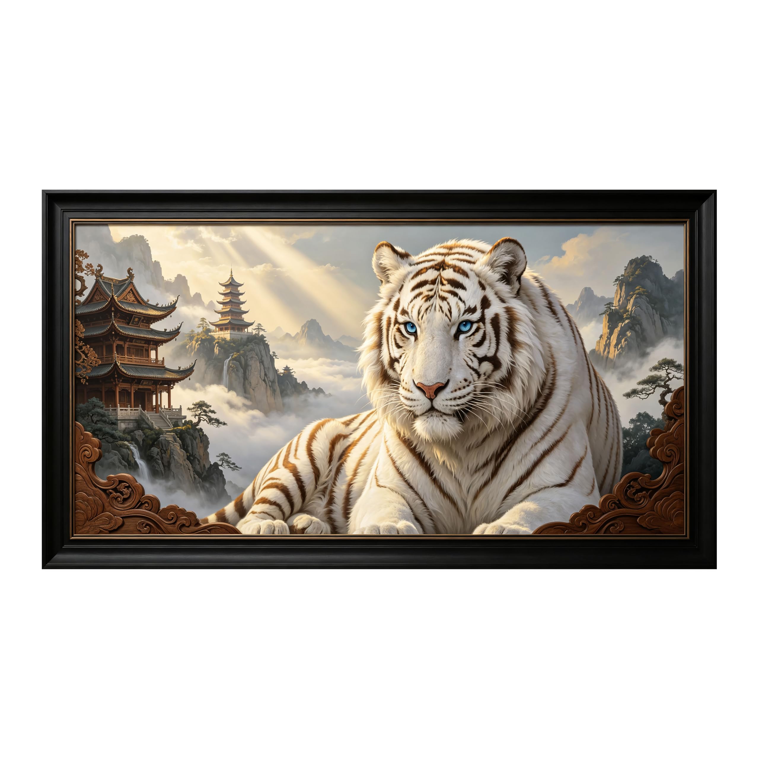 Yzpallescene Art260711088 3D Framed Wall Art White Tiger Oriental Mountain Pagoda Large Size Selfadhesive Removable Wall Decor Prints Artwork For Living Room Bedroom Office