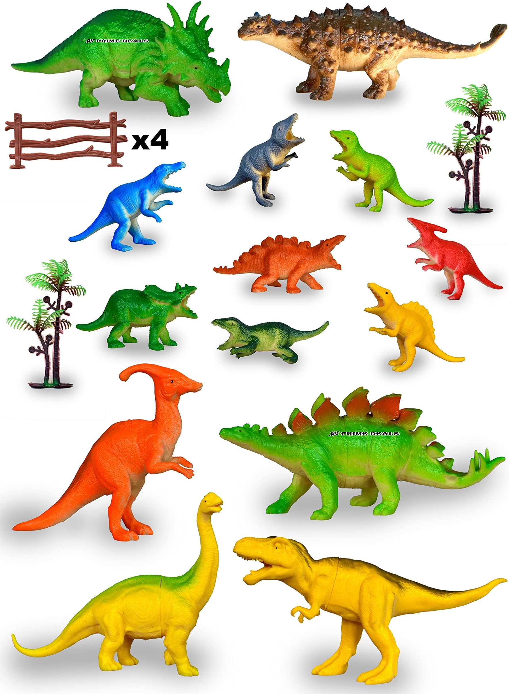 PRIME DEALS Set of 20 Dinosaur Toy for Kids Action Figure Animal Model Collection Learning & Educational Kids Gift Dragon Model Simulation 14 Dinosaur 4 Barricade 2 Tree - Mix Size.