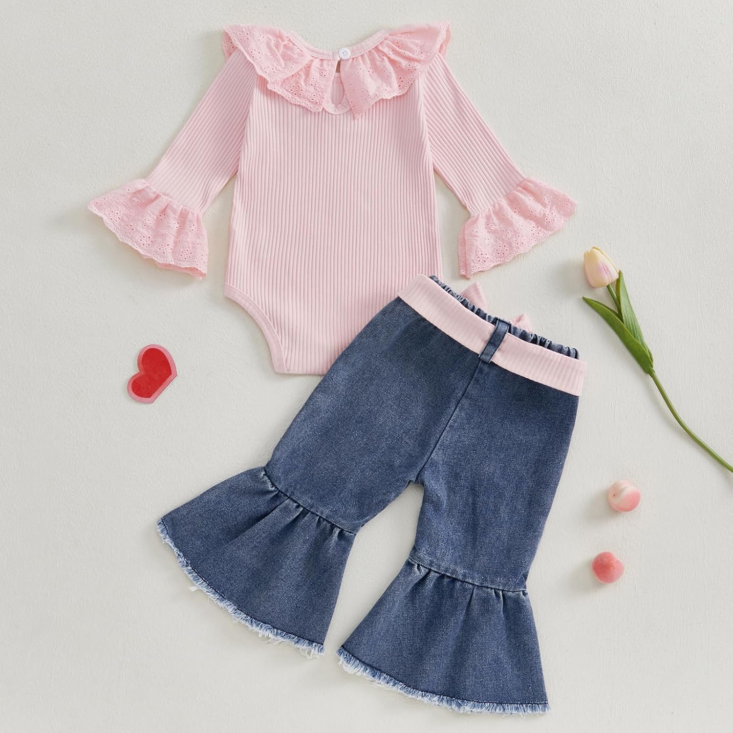 Gaono Toddler Baby Girl Fall Winter Clothes Bell Bottom Denim Outfit Solid Ribbed Romper Flare Jean With Headband 3Pcs Set - Image 3