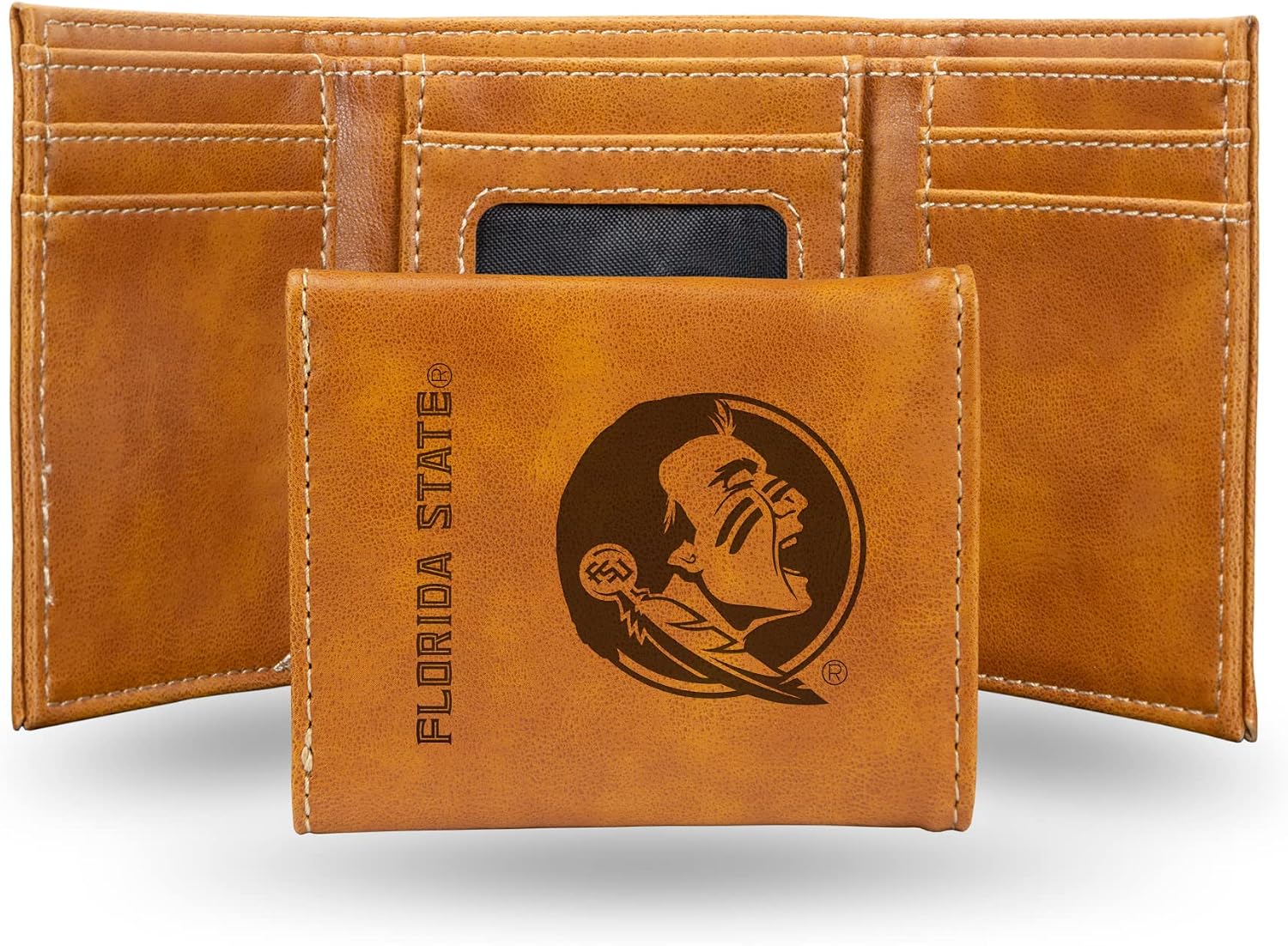Rico Industries NCAA Seminoles Trifold Wallet, Brown - Laser Engraved Vegan Leather, 6 Card Slots, ID Window