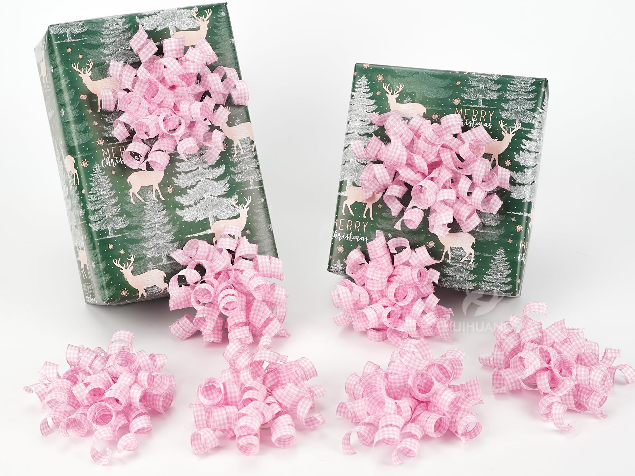 HUIHUANG Pink Bows for Gift Wrapping Self Adhesive Gift Bows Baby Pink Plaid Curly Ribbon Bow for Presents, Treat Bags, Baby Shower Favors, Wrapping