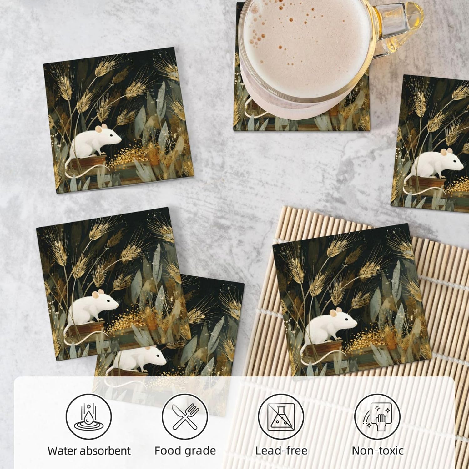 (White Mouse) Ceramic Coasters Set of 6 with Holder Non-Slip Square Coffee Coasters for for Cup Mug Drink Patio Coffee Table Decor, Christmas Coasters Home Bar Supplies