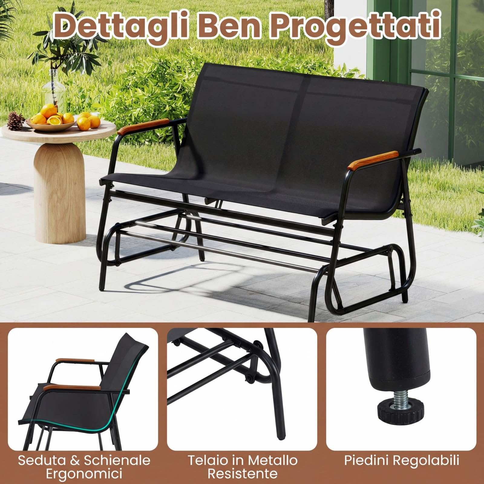 COSTWAY Panca a Dondolo da Esterno, Panchina a 2/3 Posti da Giardino con Movimento Oscillante, Braccioli Curvi in Legno, Sedia a Dondolo per Veranda, Giardino, Portata 300KG/450KG (Nero, 2 Posti)