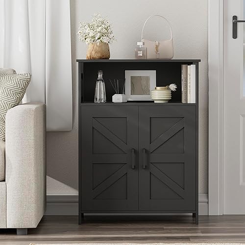 Miniatura 8 de Homhedy Armario de almacenamiento de baño con 2 puertas, gabinete de papel higiénico con estantes ajustables, armario de baño pequeño para Negro