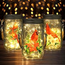 Jingmore Fairy Solar Lights Lantern Garden Outdoor Garden Ornament Lights Waterproof Fairy Hanging Glass Jar Lights for Tree Table Garden Patio Lawn Room Christmas Cardinal