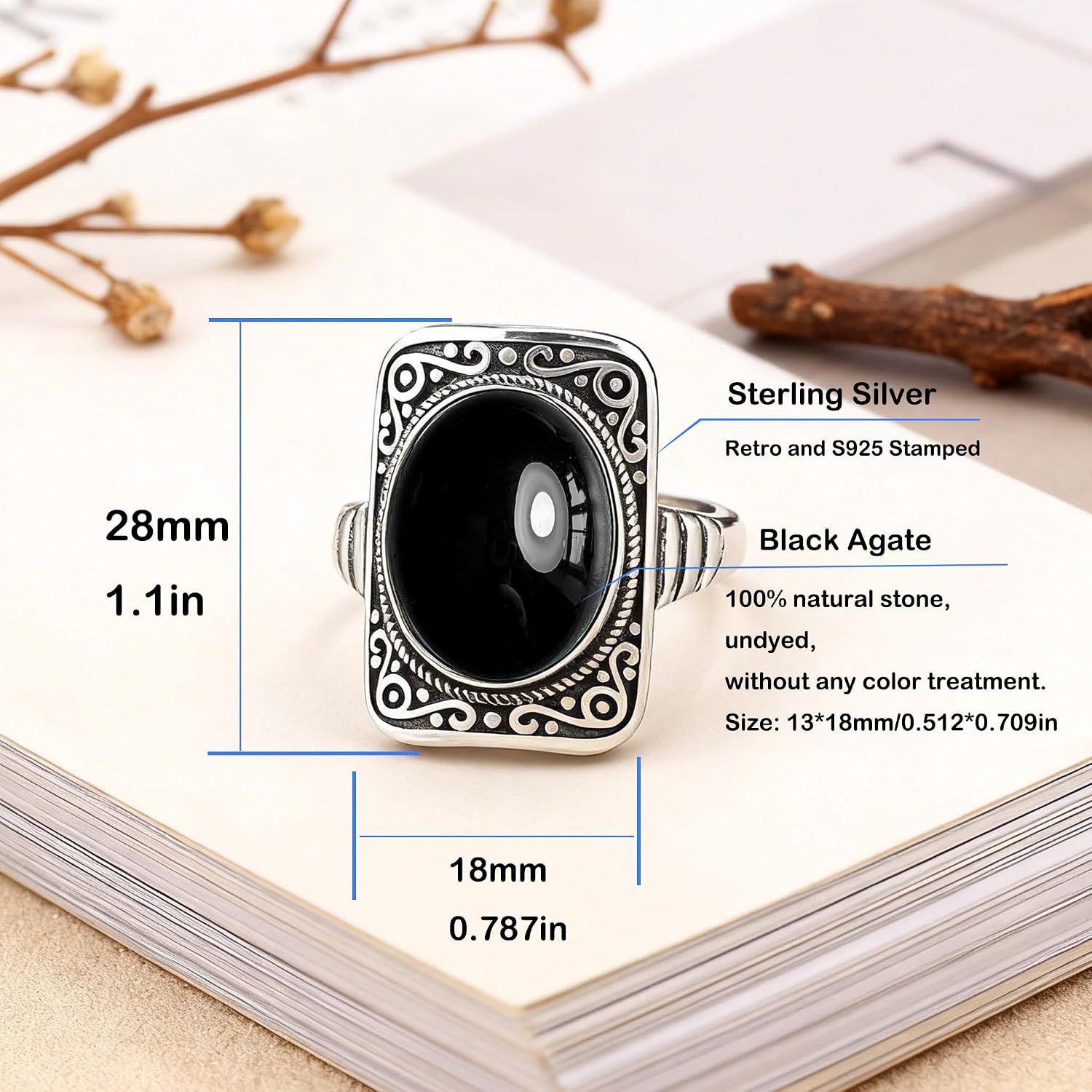 Big Oval Stone Ring,Rectangle Square Vintage Retro Sterling Silver Natural Crystal Quartz Gemstone Boho Bohemian Statement Ring Jewelry for Women Her image 3