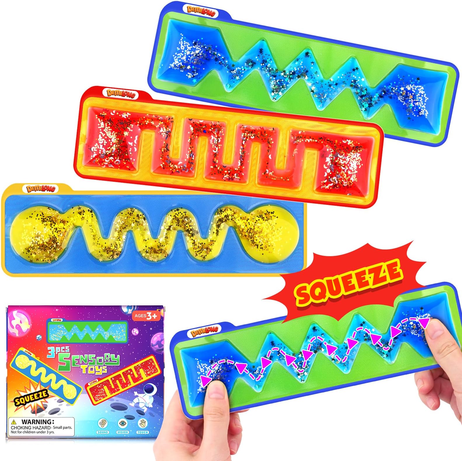 Squishy Sensory Toys for Kids - 3 Pack Fidget Toy Sensory Tube for Autism - Quiet Fidget for Classroom Students - Squeeze Toys Filled with Colorful Goo - Prizes for Kids Classroom