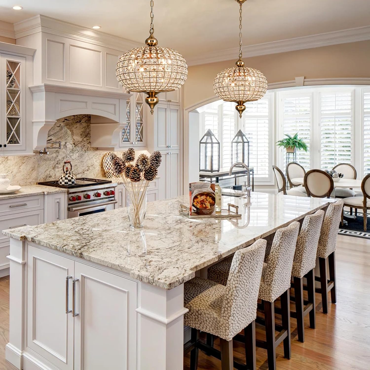 Bofea-Crystal Globe Chandelier 16.5 in Modern Gold Pendant Light for Dining Room Adjustable Foyer Chandelier 4-Light Antique Brass Chandeliers Round Crystal Chandeliers for Living Room,Bedroom