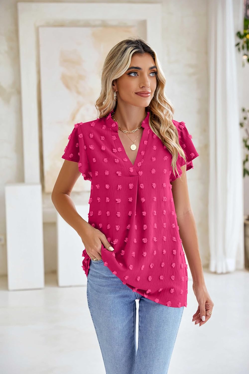 MIRALUNA Blouses for Women Dressy Flowy V Neck Ruffle Sleeve Chiffon Cute Swiss Dot Summer Tops for Casual Work 2025 - Image 4