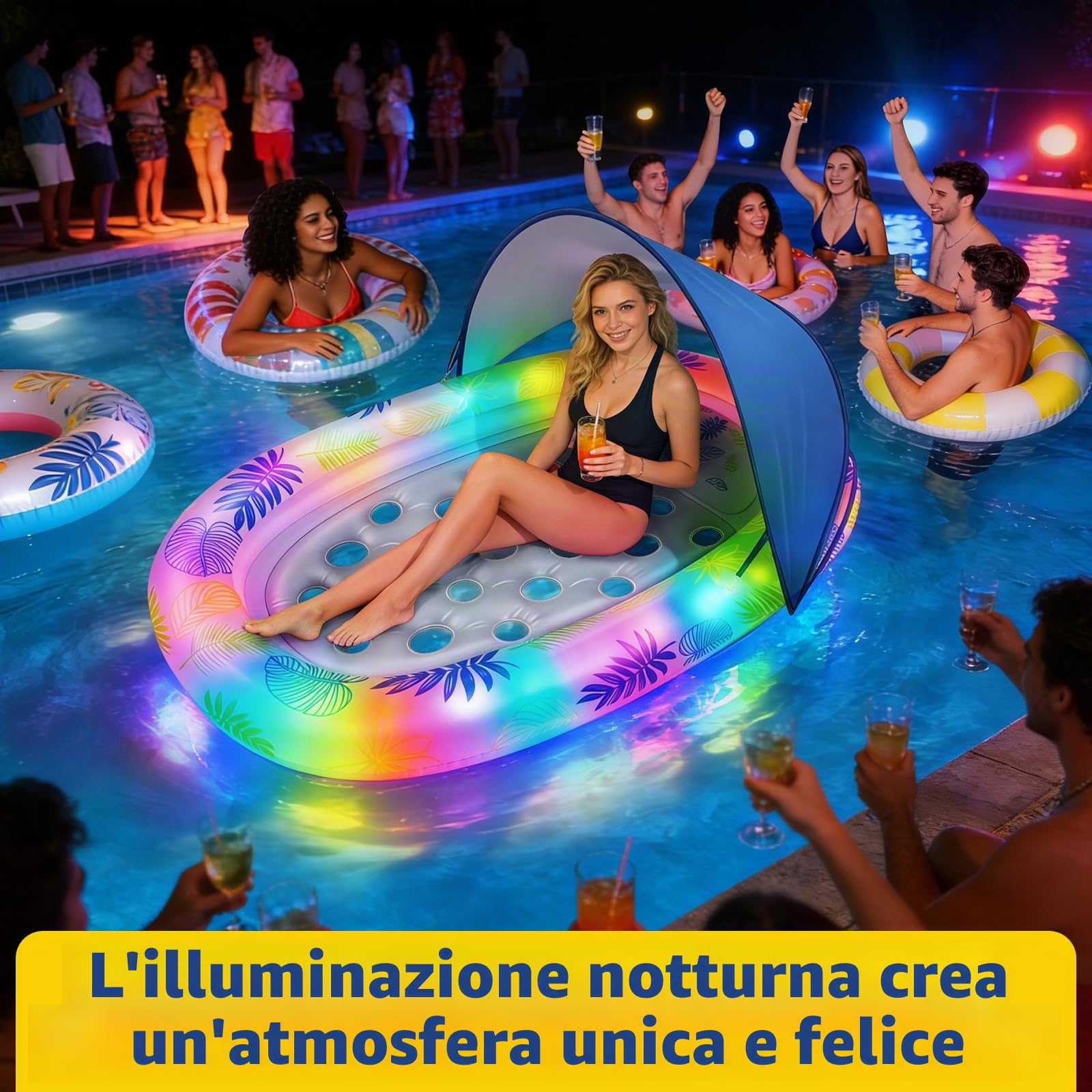 JONRRYIN Materassino Gonfiabile Piscina 180×110cm, Lettino Abbronzante per Adulti con Tettuccio Parasole Rimovibile ed Effetti Luminosi per Piscina, Spiaggia e Lago
