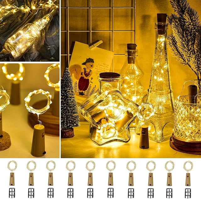 ooklee Wine Bottle Lights,10 Pack with 30 Spare Battery Operated,2m 20 LED Copper Wire Fairy String Cork Light for DIY Indoor Outdoor Table Parties Wedding Christmas Bedroom Decoration(Warm White)