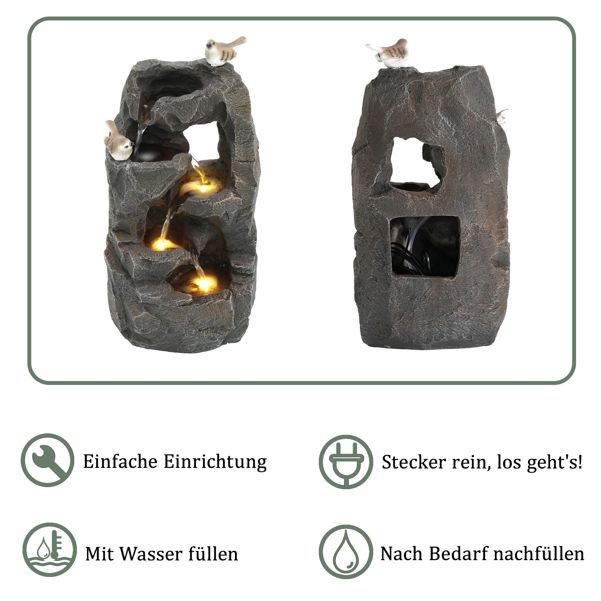 Merax Gartenbrunnen mit LED Beleuchtung, Moderner Standbrunnen für Garten, Terrasse, Balkon & Rasen, Steinoptik, Natürlicher Stil, 47cm Springbrunnen Wasserspiel Kaskade, Polyesterharz, Steingrau