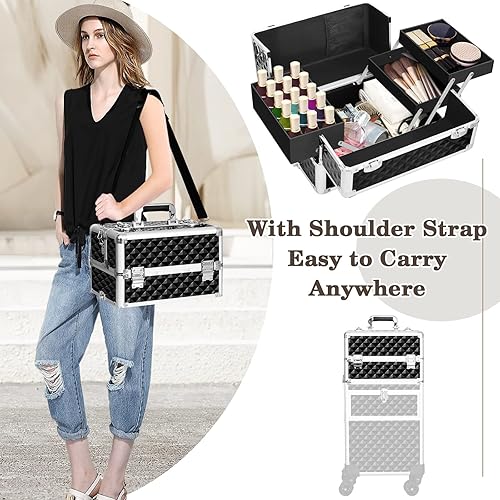 Miniatura 6 de Estuche profesional de tren de maquillaje rodante, carrito cosmético multifuncional con ruedas giratorias de 360, maletero de carrito de viaje de