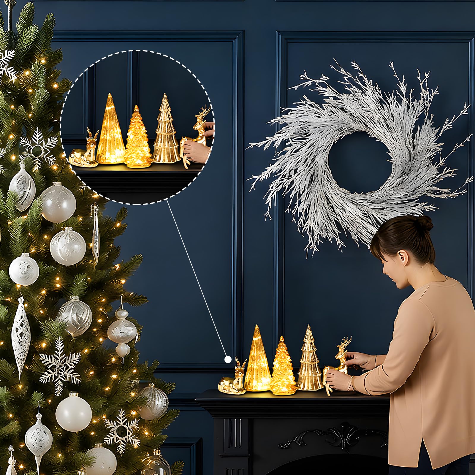 Flutesan Lot de 5 sapins de Noël et rennes éclairés en verre mercure pour table de Noël, centre de table, décoration pour maison, fête de Noël, cheminée