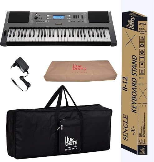 Yamaha PSR-I300 61 Keys Digital Piano Keyboard with Indian Rhythms, Blueberry KB-50 Bag, R-12 Stand, Dust Cover and Adapter