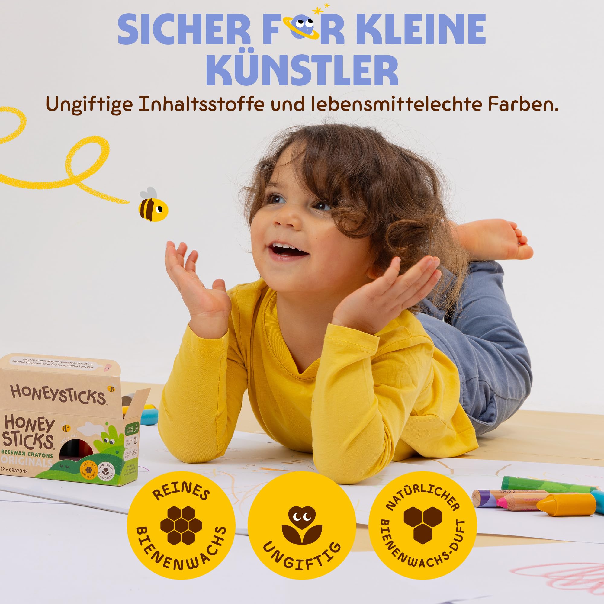 Honeysticks Wachsmalstifte (12er-Pack) - Ungiftige Babymalstifte aus Natürlichem Bienenwachs, Wachsmalstifte Ab 1 Jahr, Leicht zu Greifende Buntstifte Baby, Umweltschonend und Kleinkindfreundlich