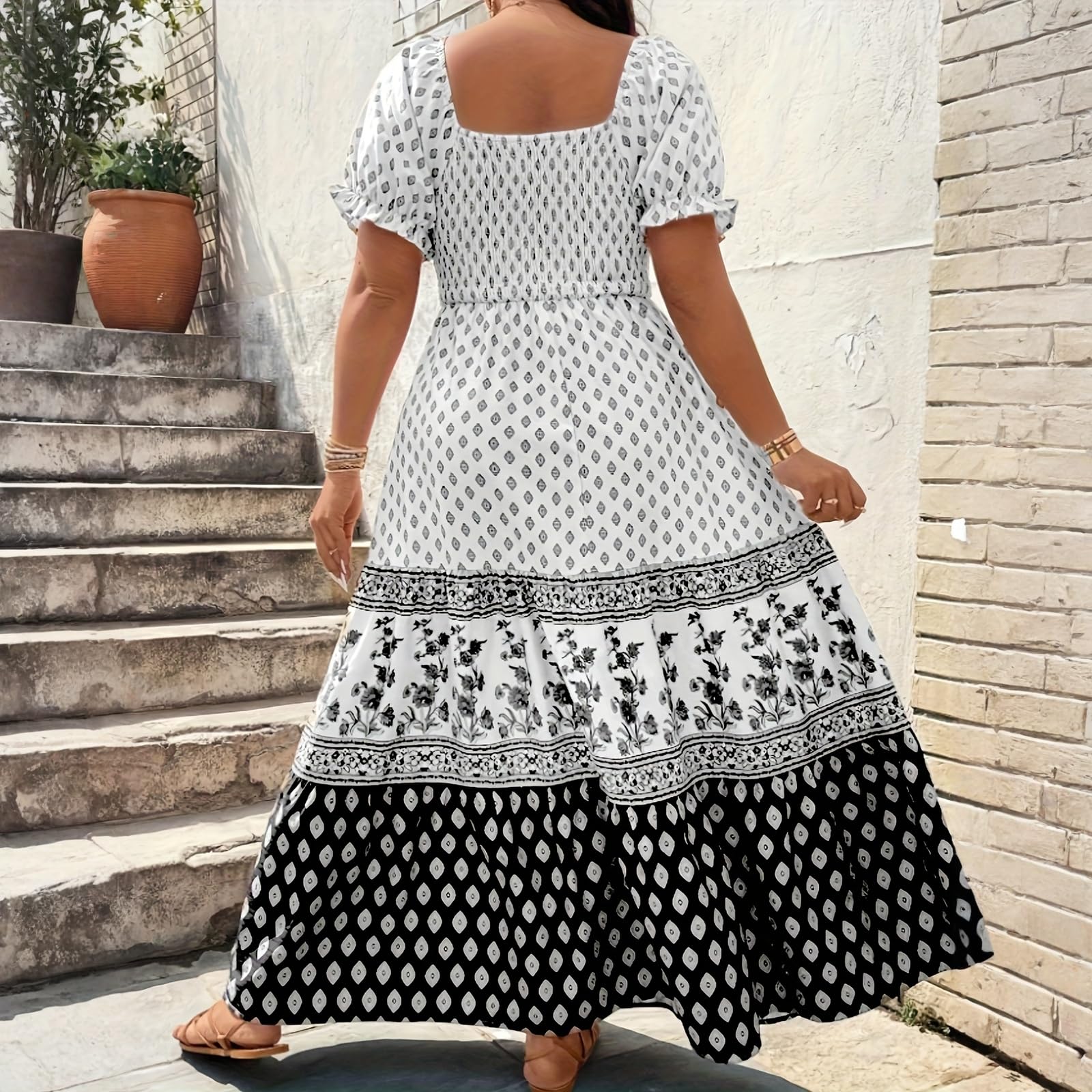 Maxikleid Große Größen Sommerkleid Damen Lang Elegant Blumen Boho Kleid A Linien Gesmoktes Kleider Für Mollige Frauen Sommer Maxi Sommerkleider Leicht Und Luftig Strandkleid Grosse Grössen