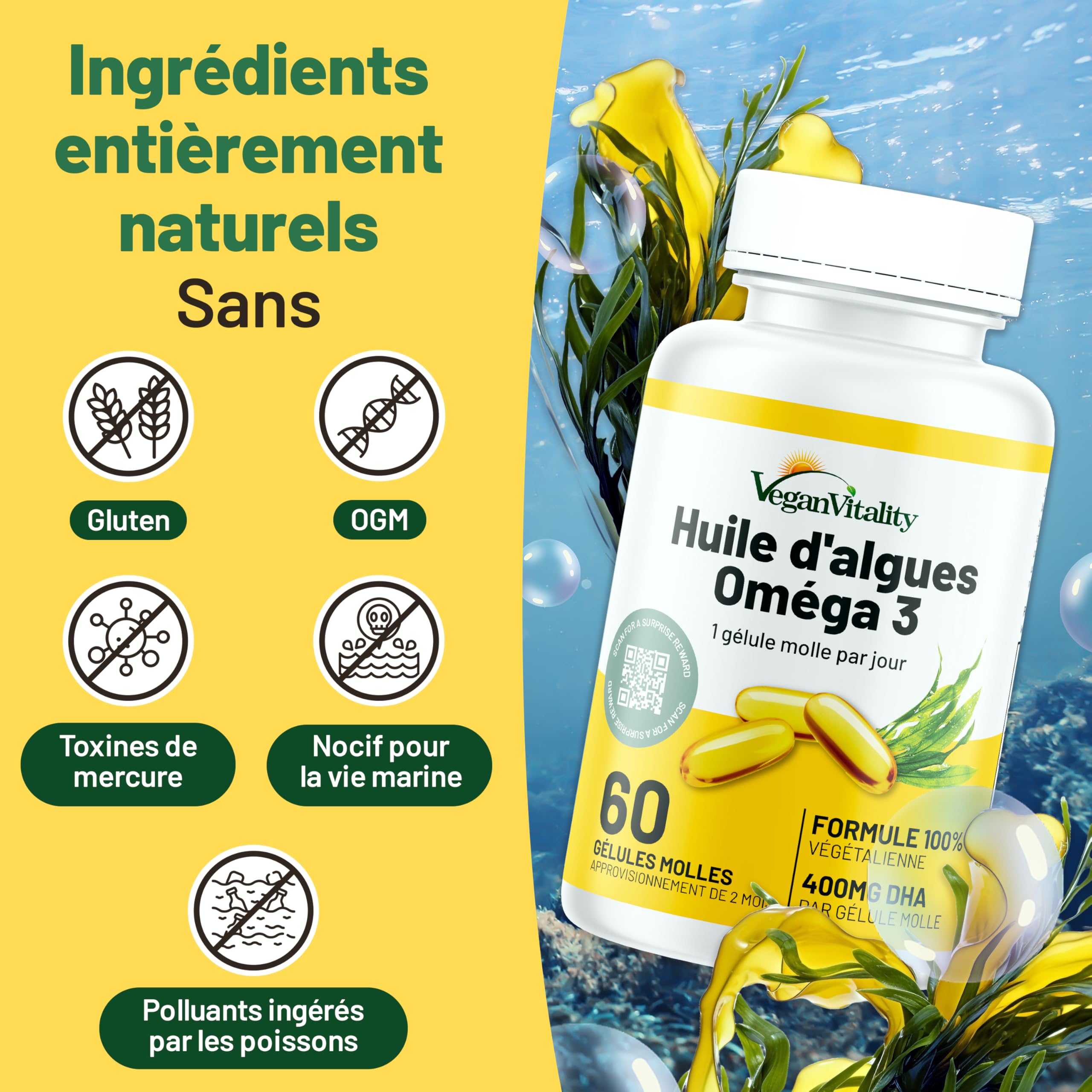 Omega 3 Vegan Huile d'algues 400 mg DHA par capsule, 60 capsules, soit 2 mois d'huile vegetale. Remplace huile de foie de morue, convient à tous les régimes vegan/végétariens