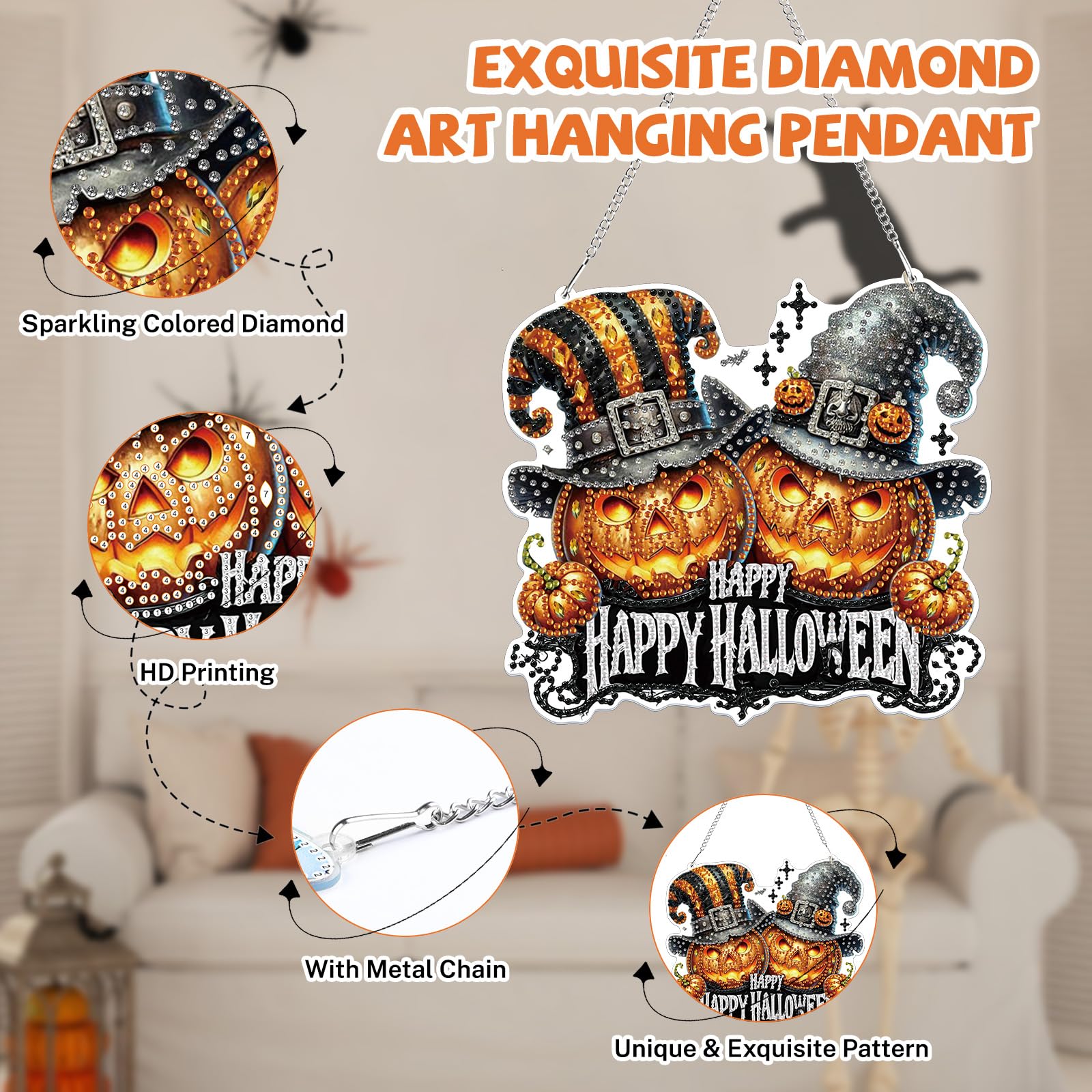 Lxmsja Halloween Diamond Art Hanging Ornaments with Chain for Adults Kids Special Shaped Pumpkin Diamond Painting Pendant Kits - Image 3
