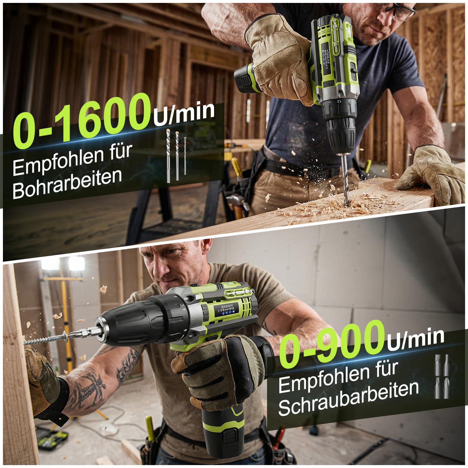 12V klein Akkuschrauber Set, Akku bohrschrauber mit 2 * 2000 mAh Akkus, 3/8" Bohrfutter, 18+1 Drehmoment, Led lichter & 2-Gang, 35 Nm Max. Akku bohrmaschine (Profi-Ausführung)