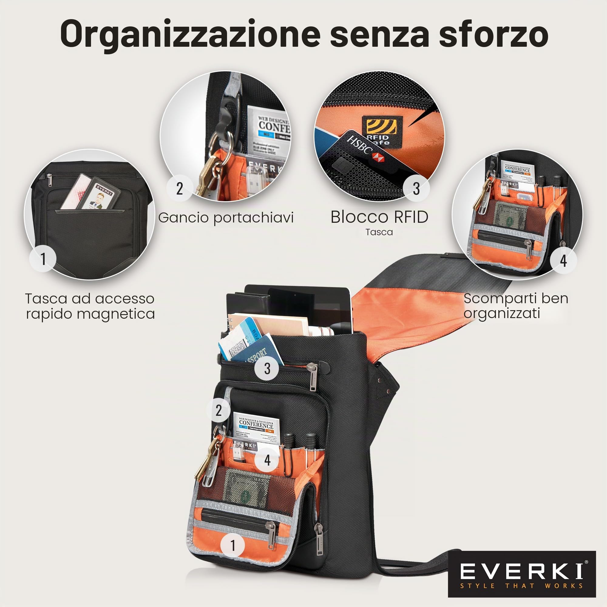 Everki Venue XL EKS622XL - Borsello Porta Tablet e Accessori, Organizzazione e Comfort, Design Pratico e Sicuro, Ideale per Viaggi e Uso Quotidiano