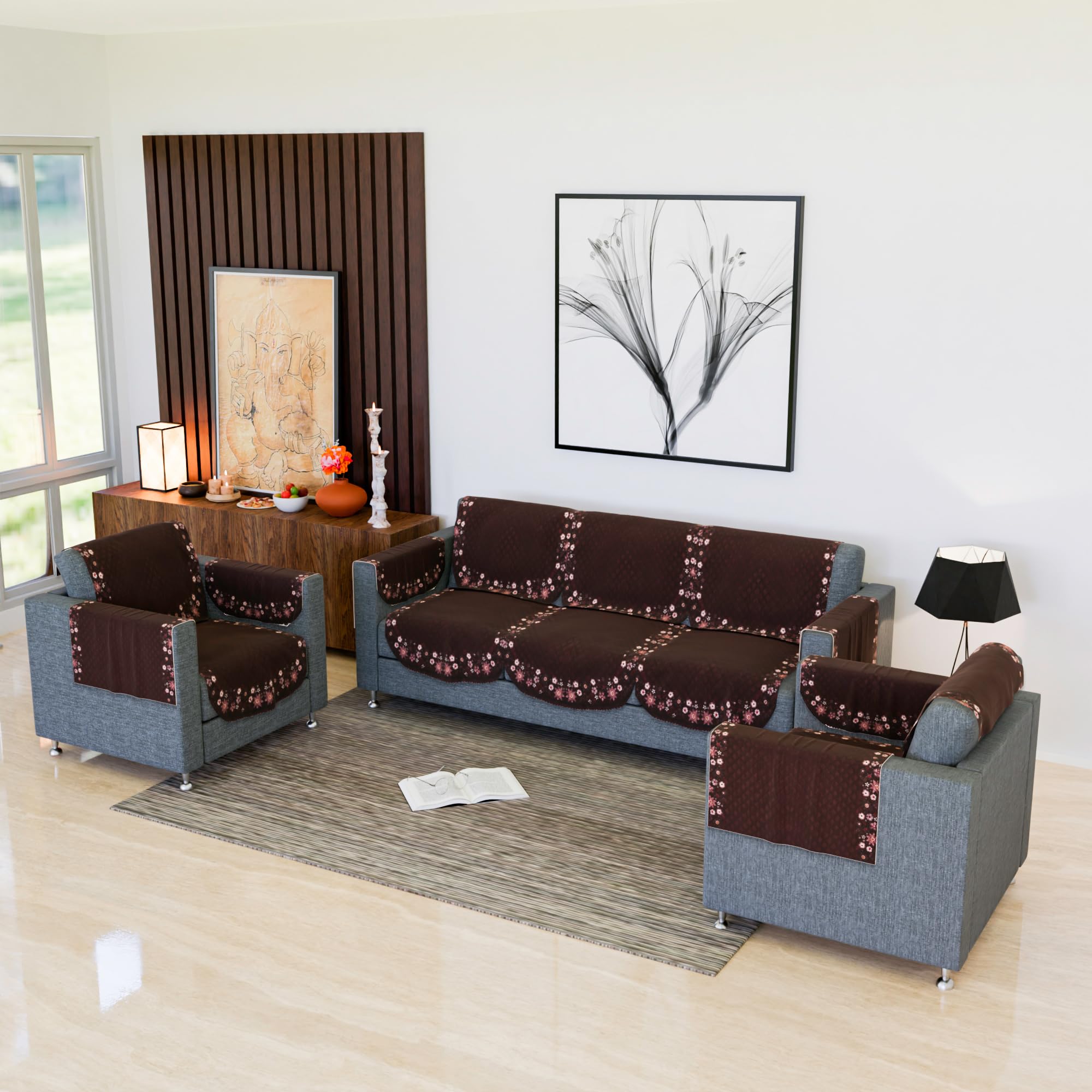 Kuber Industries Sofa Cover | 16 Piece | 5-Seater Sofa Cover with Arm Cover for Living Room | Velvet Sofa Slipcover Set | Digital Painting Quilted Sofa Set | Suede Ultra Sonic Couch Cover | Maroon