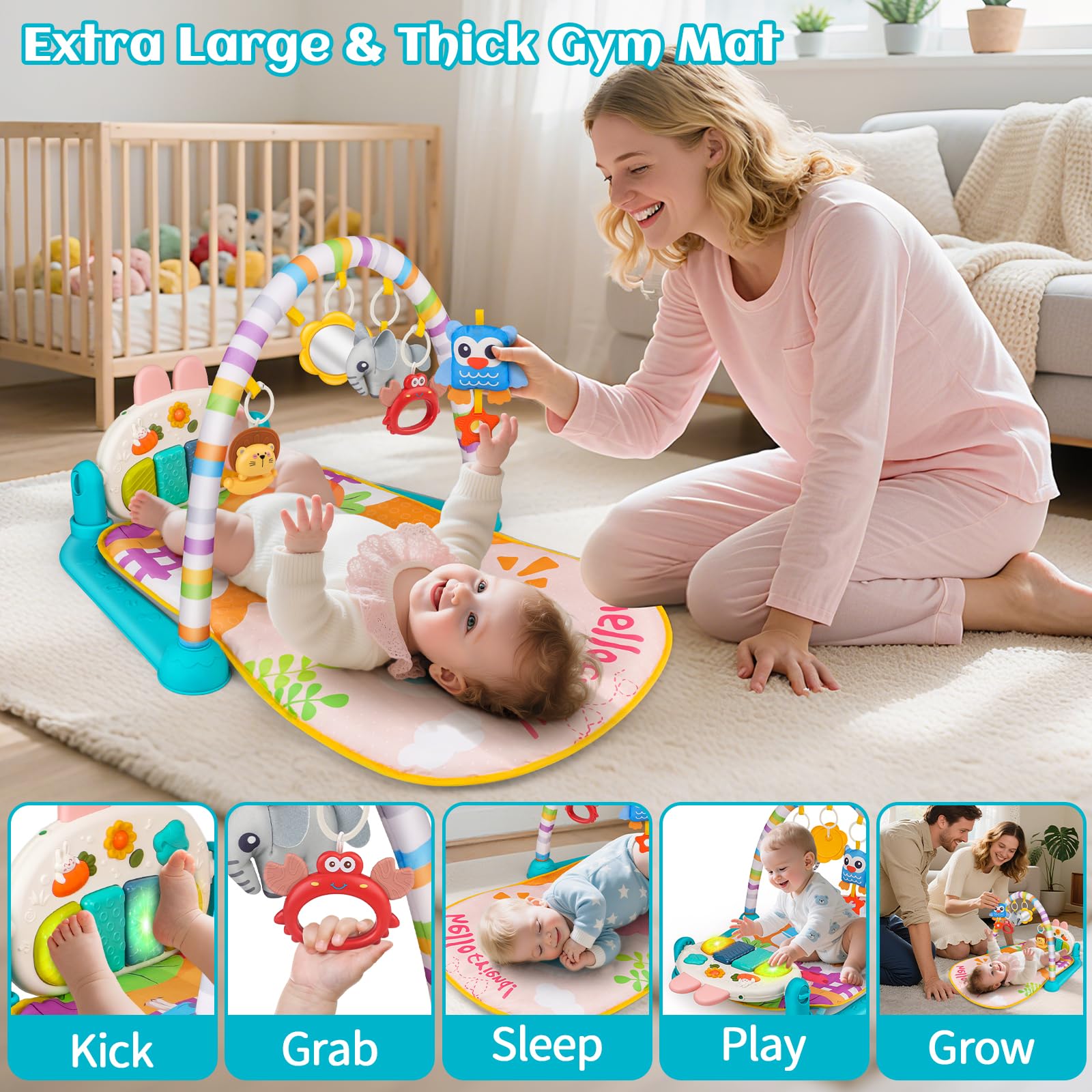 Nicknack Palestrina Neonato con Pianoforte Musicale, Palestra Attività per Tummy Time e Giochi Sensoriali, Tappeto Gioco Neonato per Bambini 0-6 Mesi / 6-12 Mesi, Regalo Neonato Maschio, Femmina