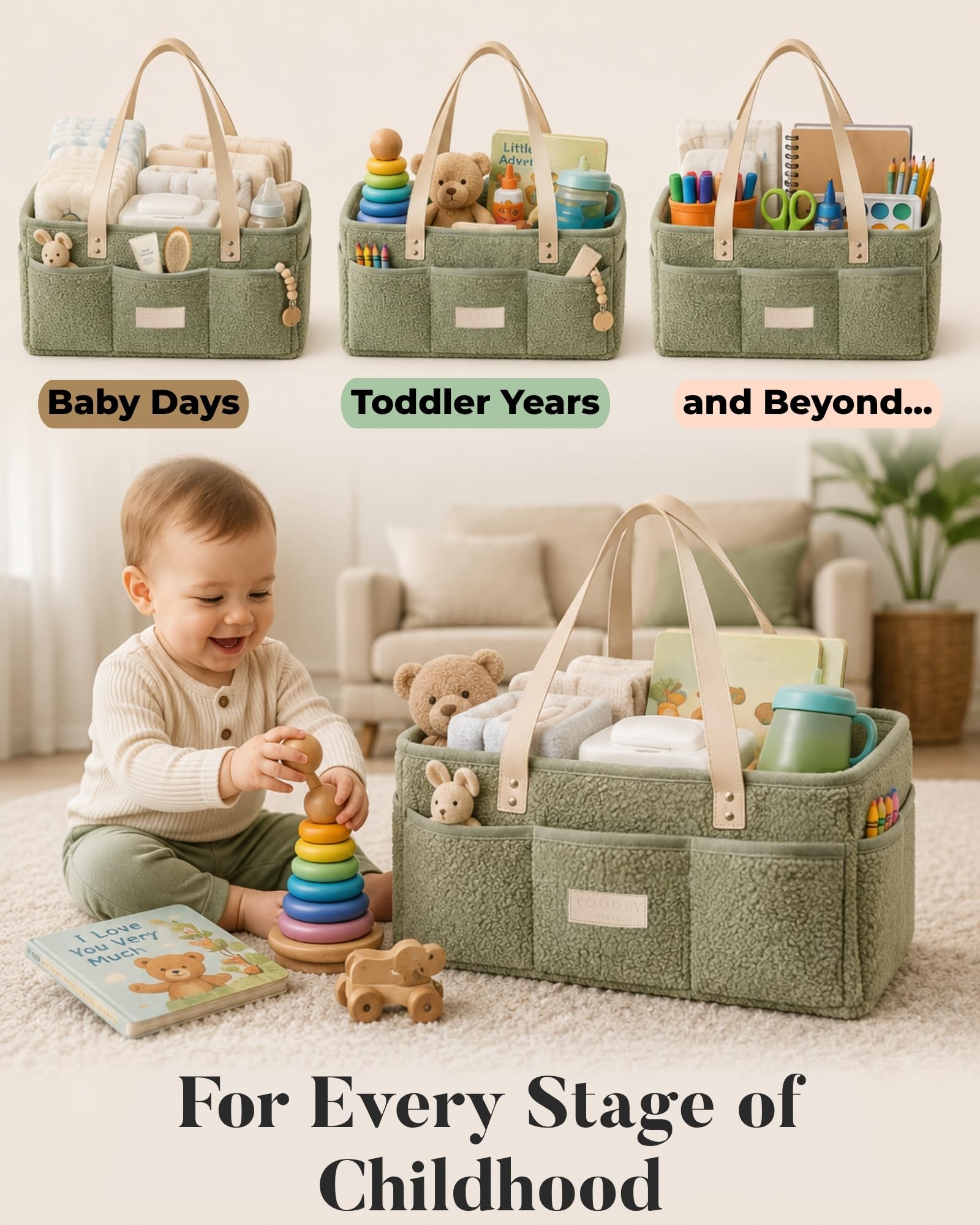 Baby-Wickeltasche mit tragbarer Wickelunterlage – Teddy-Fleece-Windel-Organizer für Wickeltisch – Korb für Wickelutensilien – Baby-Essentials Organizer mit herausnehmbaren Trennwänden