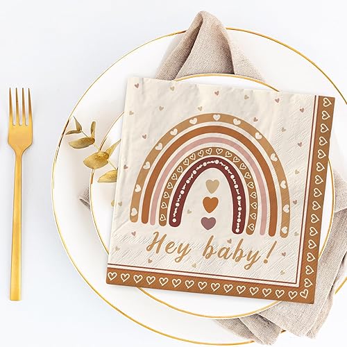 Miniatura 4 de AnyDesign Paquete de 80 servilletas de papel boho arcoíris Hey Baby Party Luncheon Servilletas retro desechables decorativas para baby shower,