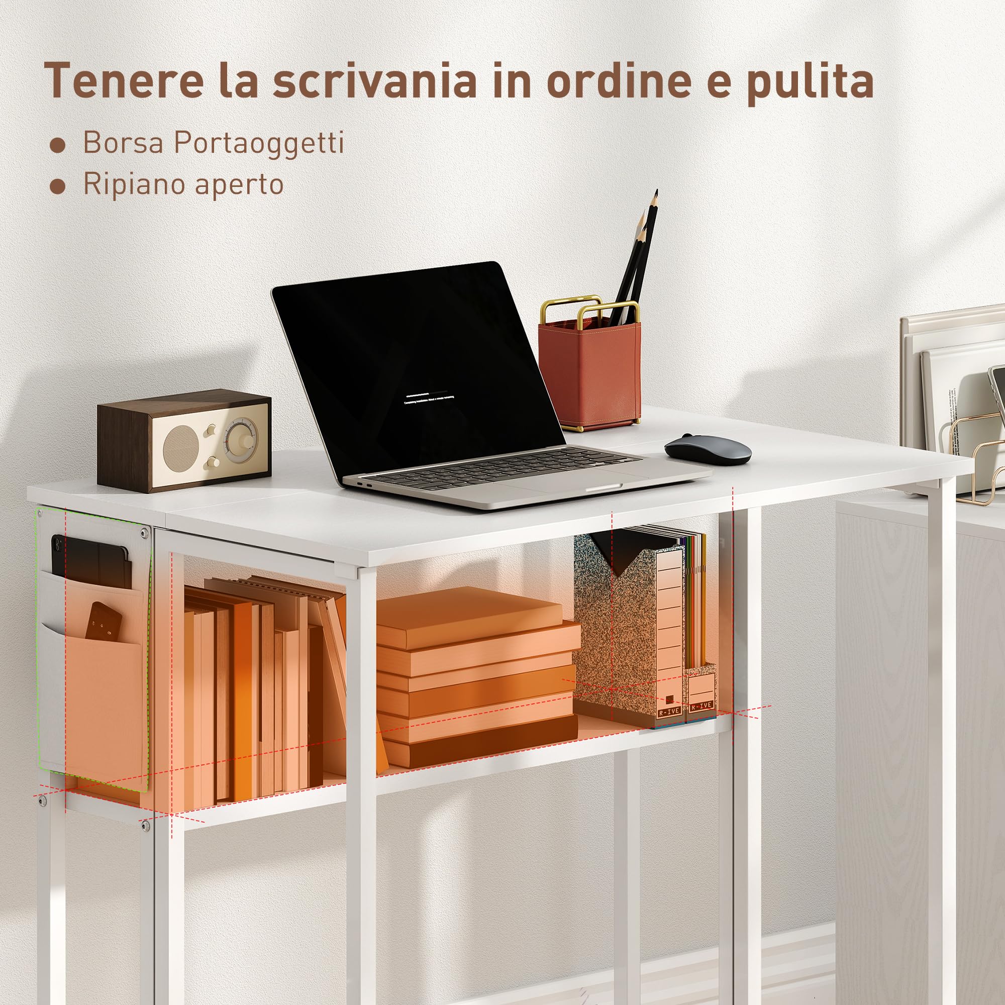 HOMCOM Scrivania Salvaspazio Pieghevole a Ribalta, 80x50x75 cm Bianco | Scrivania Piccola con Ruote a Freno, Scaffale e Tasca Portaoggetti, Tavolo Computer Richiudibile, per Casa Studio e Ufficio