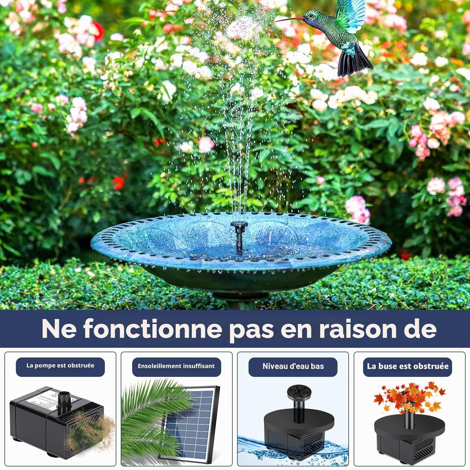 Fontaine Solaire Extérieure Pompe Bassin 6,5W avec 9 Buses pour Bain d'oiseaux Jardin