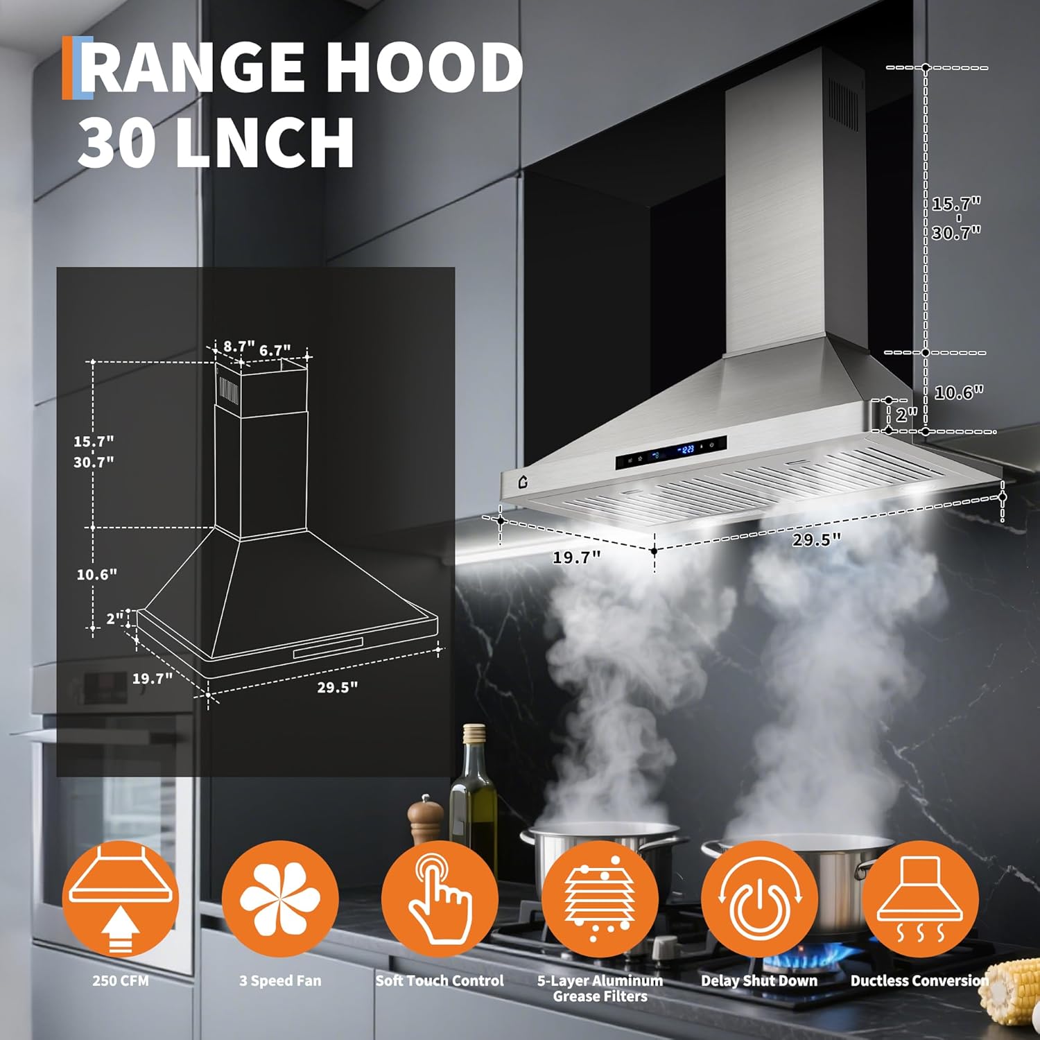 30 Inch Wall Mount Range Hood, 450 CFM Stainless Steel Kitchen Vent Hood, Convertible Ducted/Ductless, Ultra Quiet 3 Speed Fan, Touch Control LED Lights Dishwasher Safe Filters