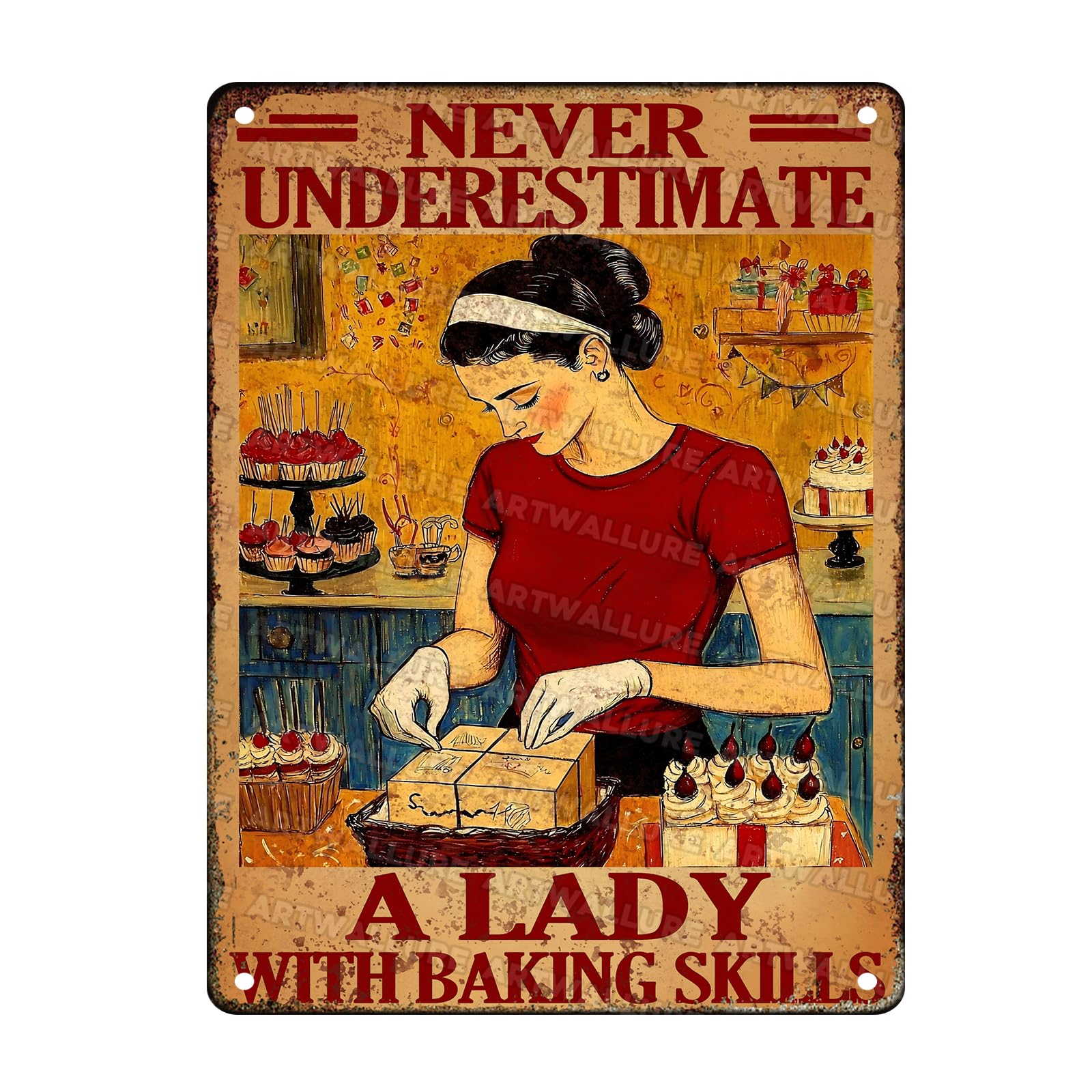 Baking Vintage Sign Never Underestimate A Lady with Baking Skill Metal Tin Sign for Home Parlor Bar Cafe Wall Decor 12x16inch