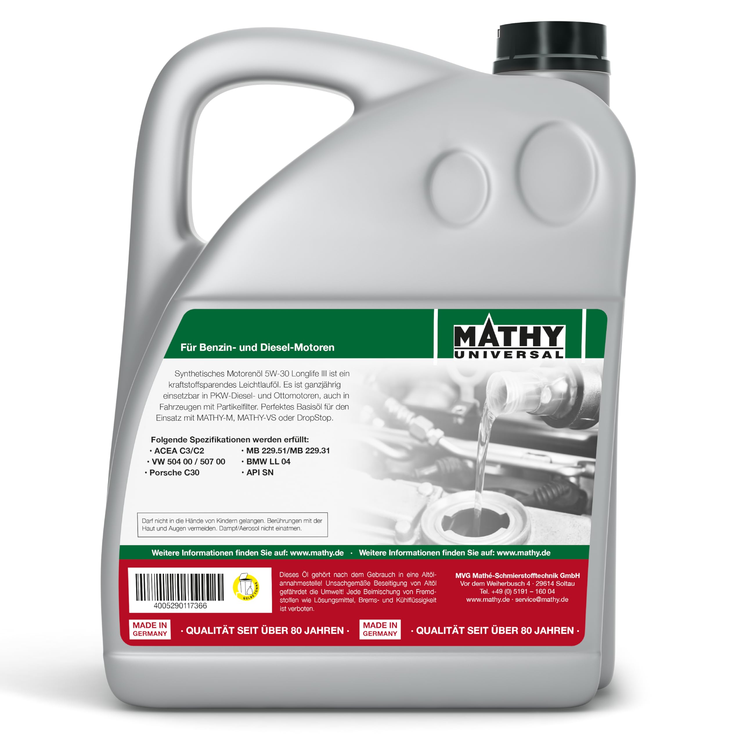 MATHY Motoröl SAE 5W-30 Longlife III, 5 Liter, HC-Synthese-Motor-Öl | Hochleistungs-Motorenöl für Benzin- und Dieselmotor, Leichtlauf-Öl, Hält Motor & Abgasnachbehandlungssysteme sauber