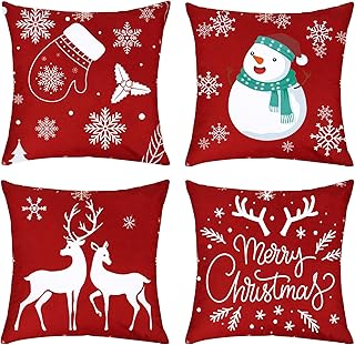 KY-Tech Christmas Cushion Covers, 4 Pack Christmas Pillow Covers Cotton Linen Christmas Pillow Cases Xmas Cushion Covers Christmas Decorations Pillow Covers, 18x18 inch