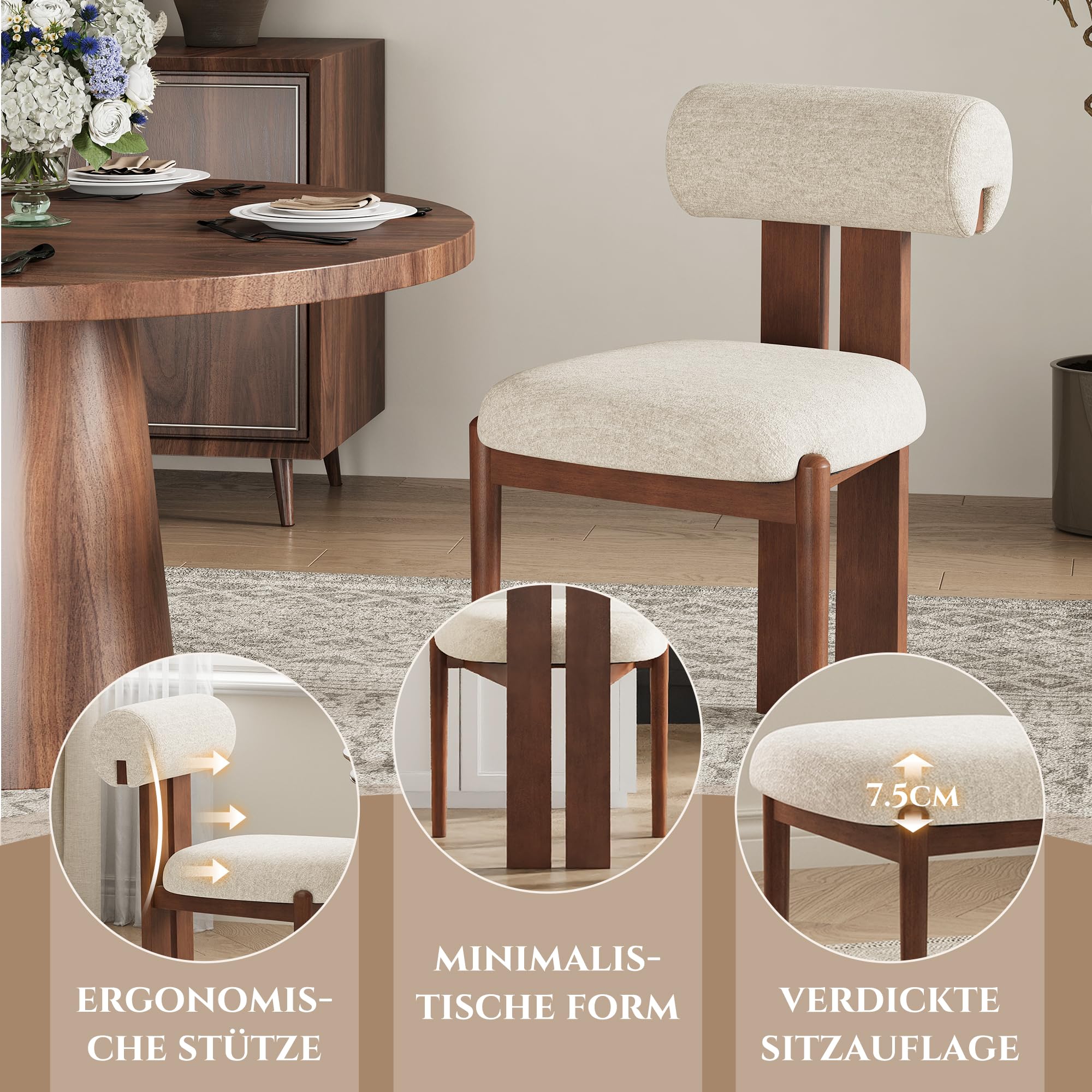 MALOL Esszimmerstühle 6er Set, Mid-Century Modern Polsterstühle aus Stoff mit Stabiler Rückenlehne & dunkelbraunen Holzbeinen, Beige – Geeignet für Esszimmer, Küche und Gastronomie, Beige