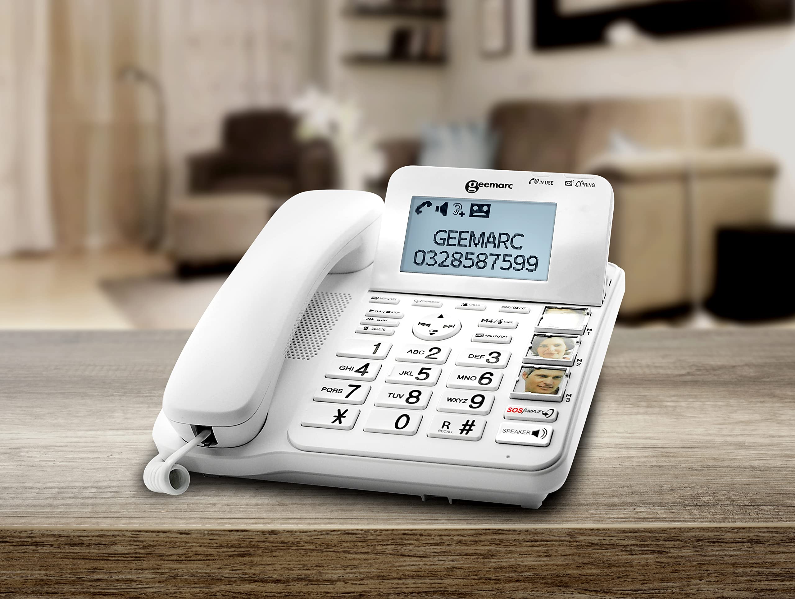 Geemarc CL595 - Teléfono con Cable Amplificado y Auricular Adicional con Contestador, Botones Grandes y Función SOS para Personas Mayores - Pérdida Auditiva Moderada o Severa